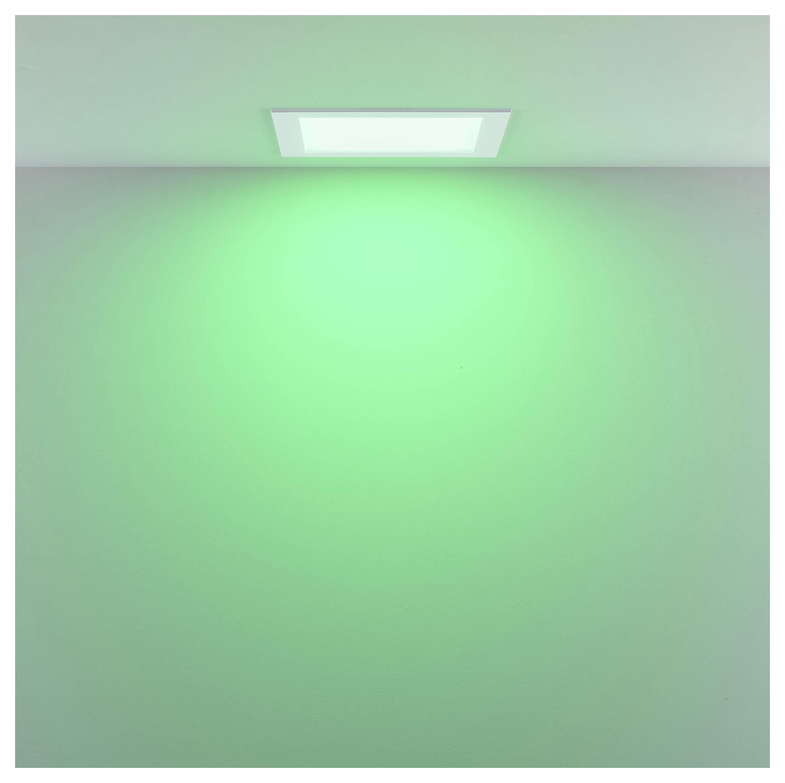 Ein an der Decke montiertes Leuchtpanel wirft einen grünen Schimmer über eine schlichte Wand- und Deckenecke.