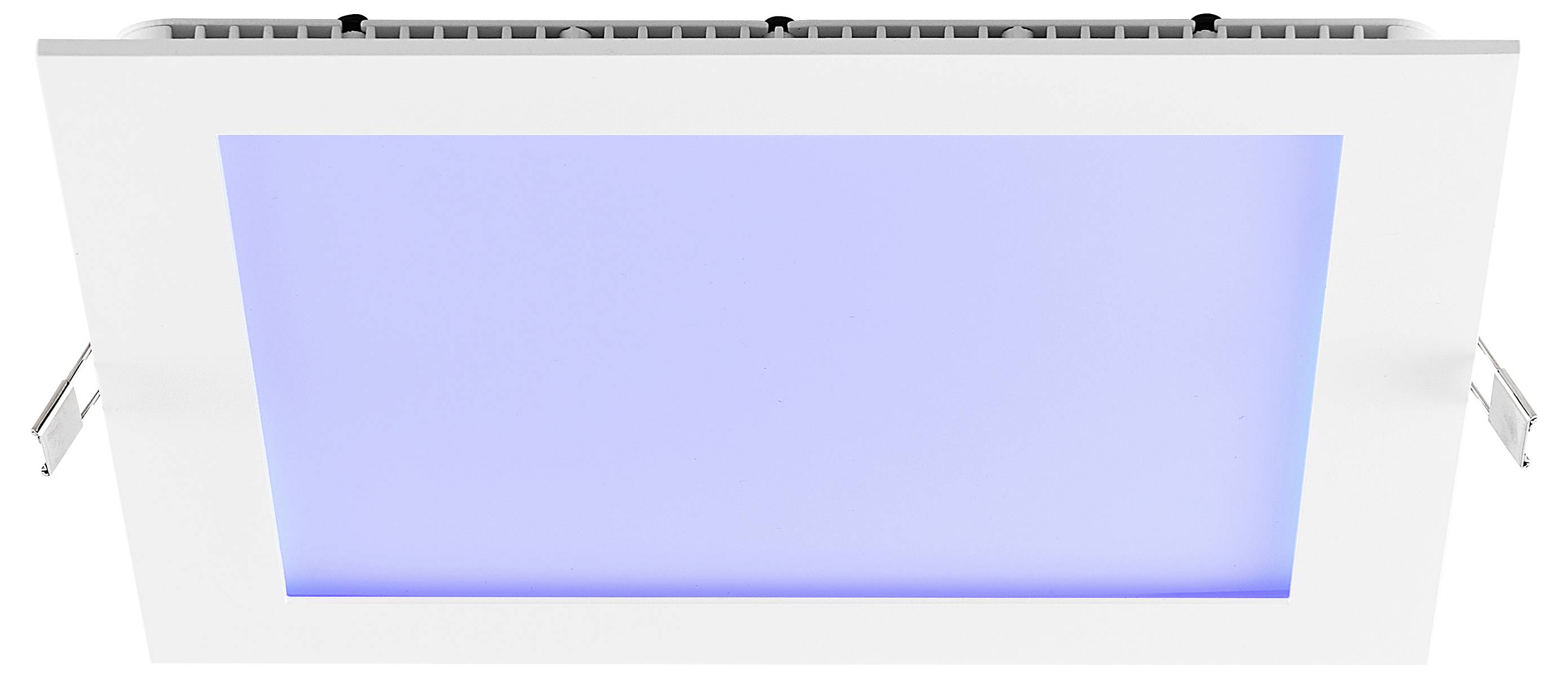 Rechteckiges versenktes Deckenleuchten-Panel mit blau leuchtendem Mittelteil und weißem Rahmen, dargestellt in einer Seitenansicht mit Befestigungsklammen.