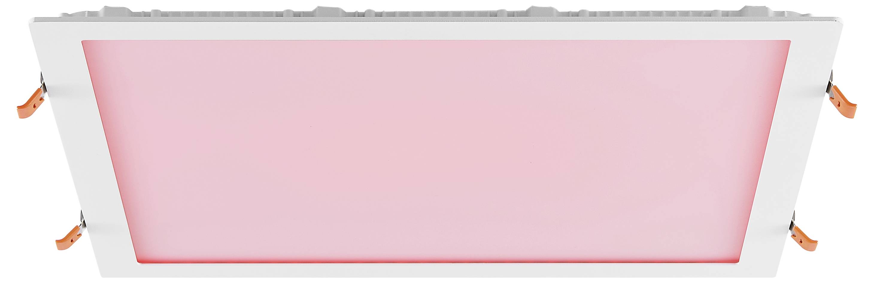 Flaches weißes rechteckiges Deckenleuchten-Panel mit rosa Glühen, Vorderansicht mit Seitenklemmen auf weißem Hintergrund dargestellt.