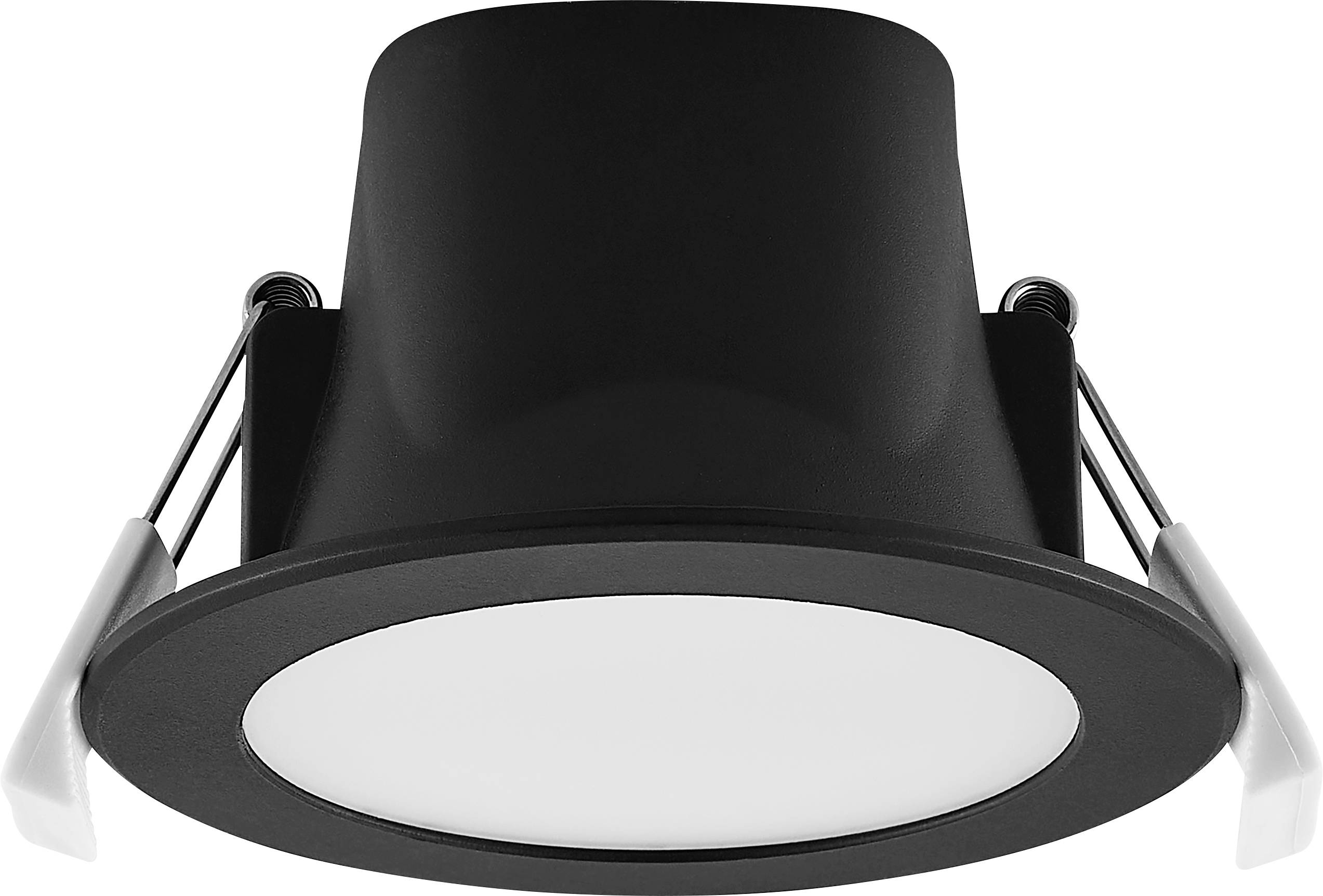 Schwarze versenkte runde LED-Einbauleuchte mit weißem Diffusor und Federspannklammern, dargestellt vor weißem Hintergrund.