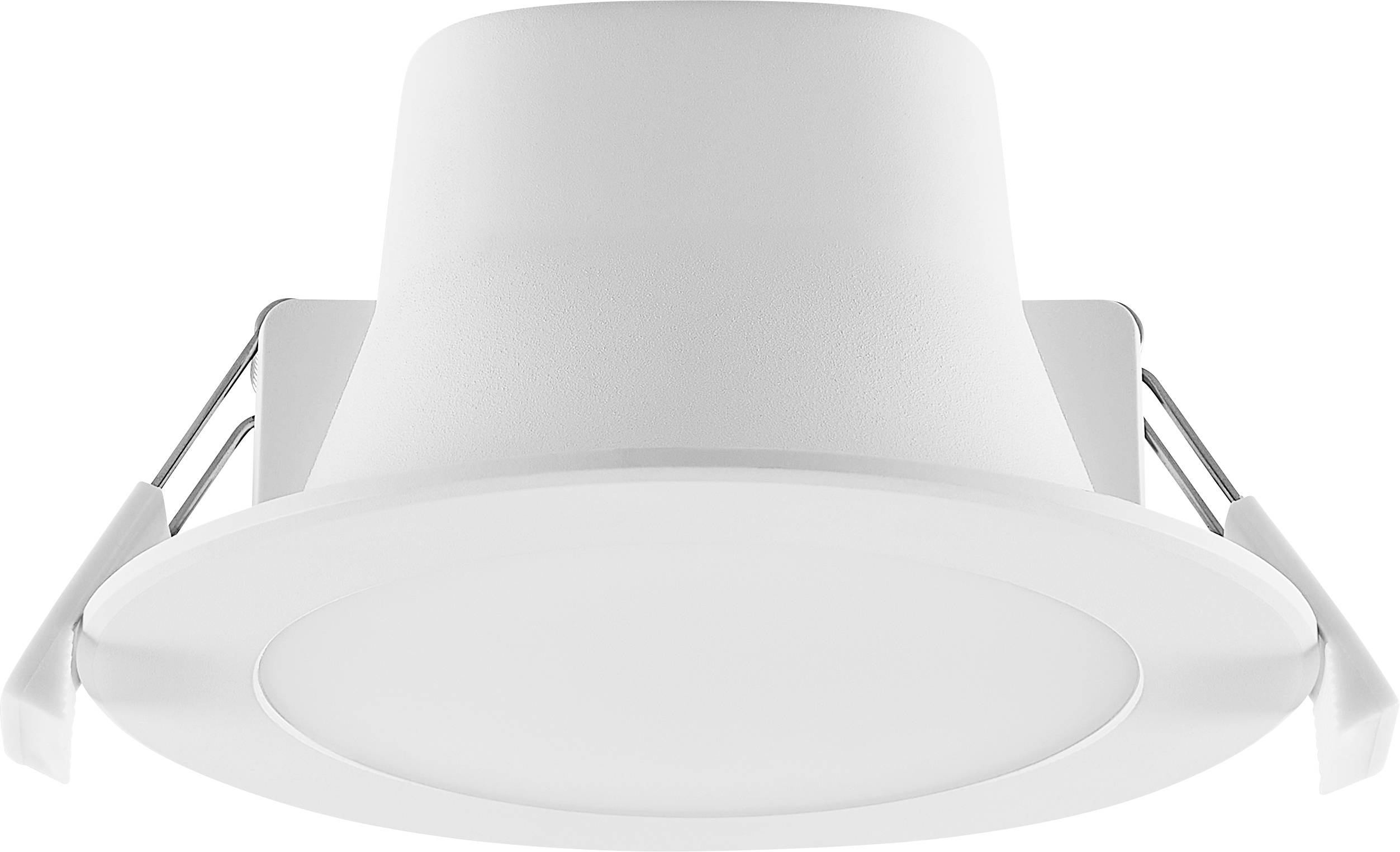 Weiße eingebaute LED-Downlight mit Federclips, von unten auf weißem Hintergrund dargestellt.