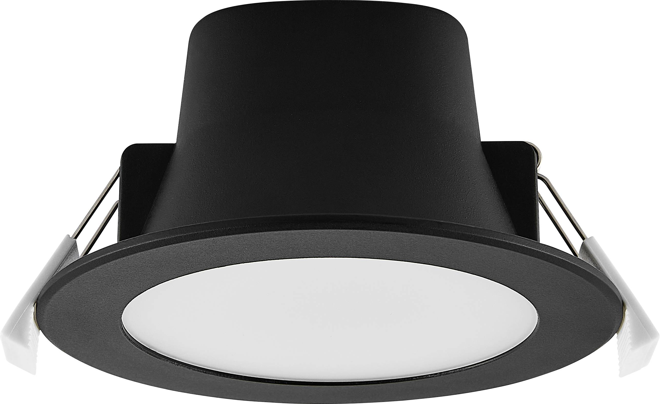 Ein schwarzer LED-Einbaustrahler mit rundem weißem Diffusor und Federklemmen zur Deckenmontage.