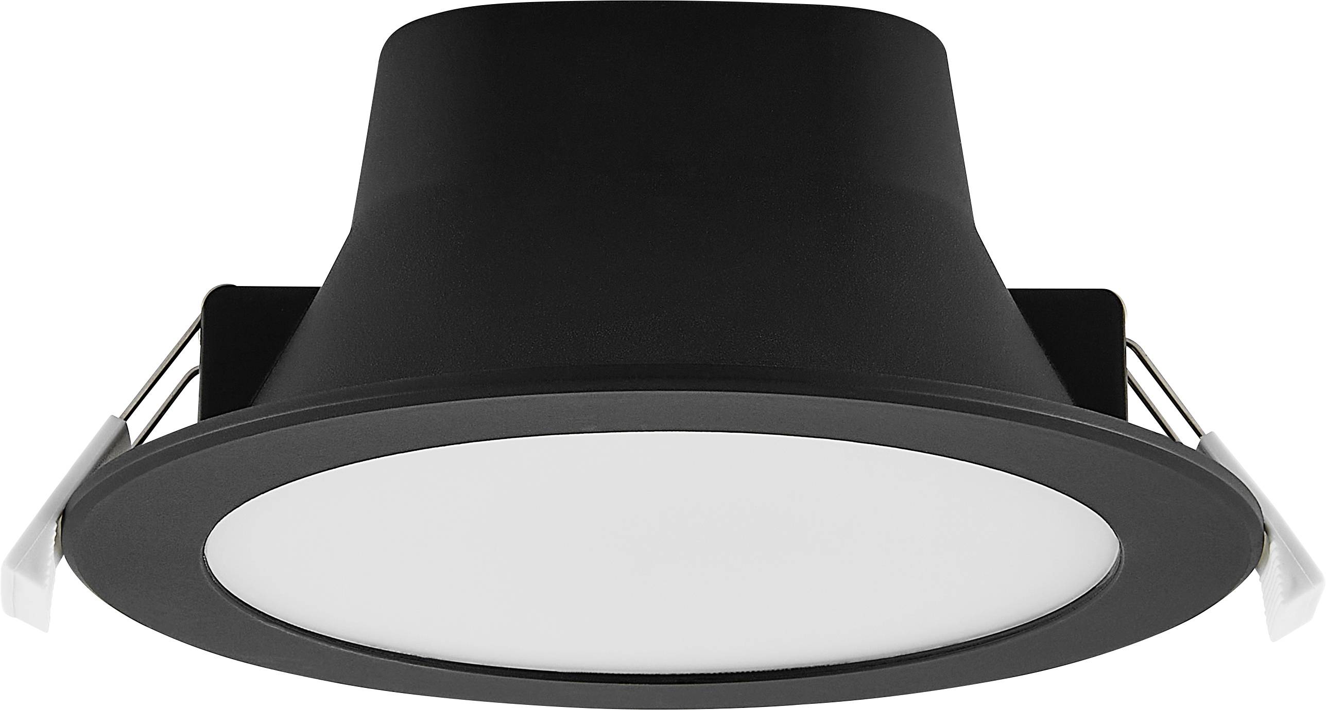 Schwarze, versenkte LED-Einbauleuchte mit rundem weißem Diffusor und Federklemmen zur Deckeninstallation.