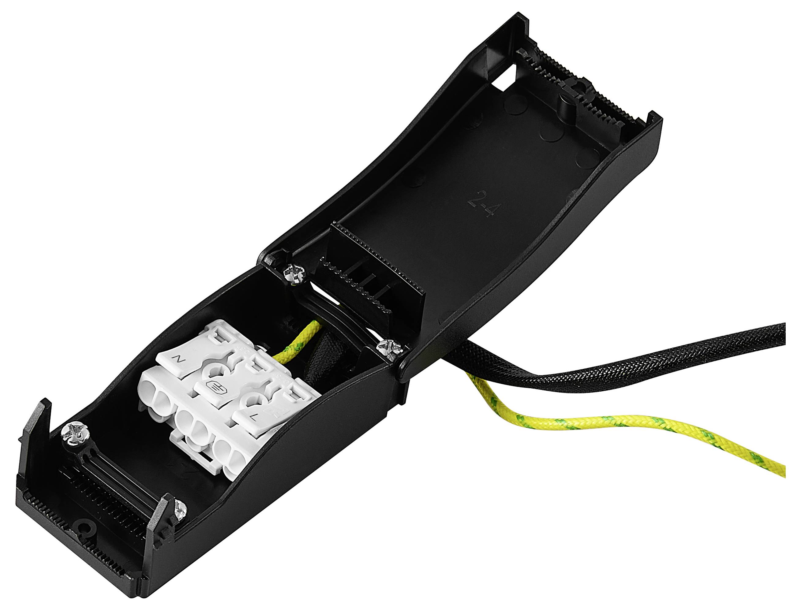 Weiße LED-Einbaudownlight-Leuchte mit zwei grauen Drähten und Federklemmen zur Deckenmontage, von hinten gezeigt.
