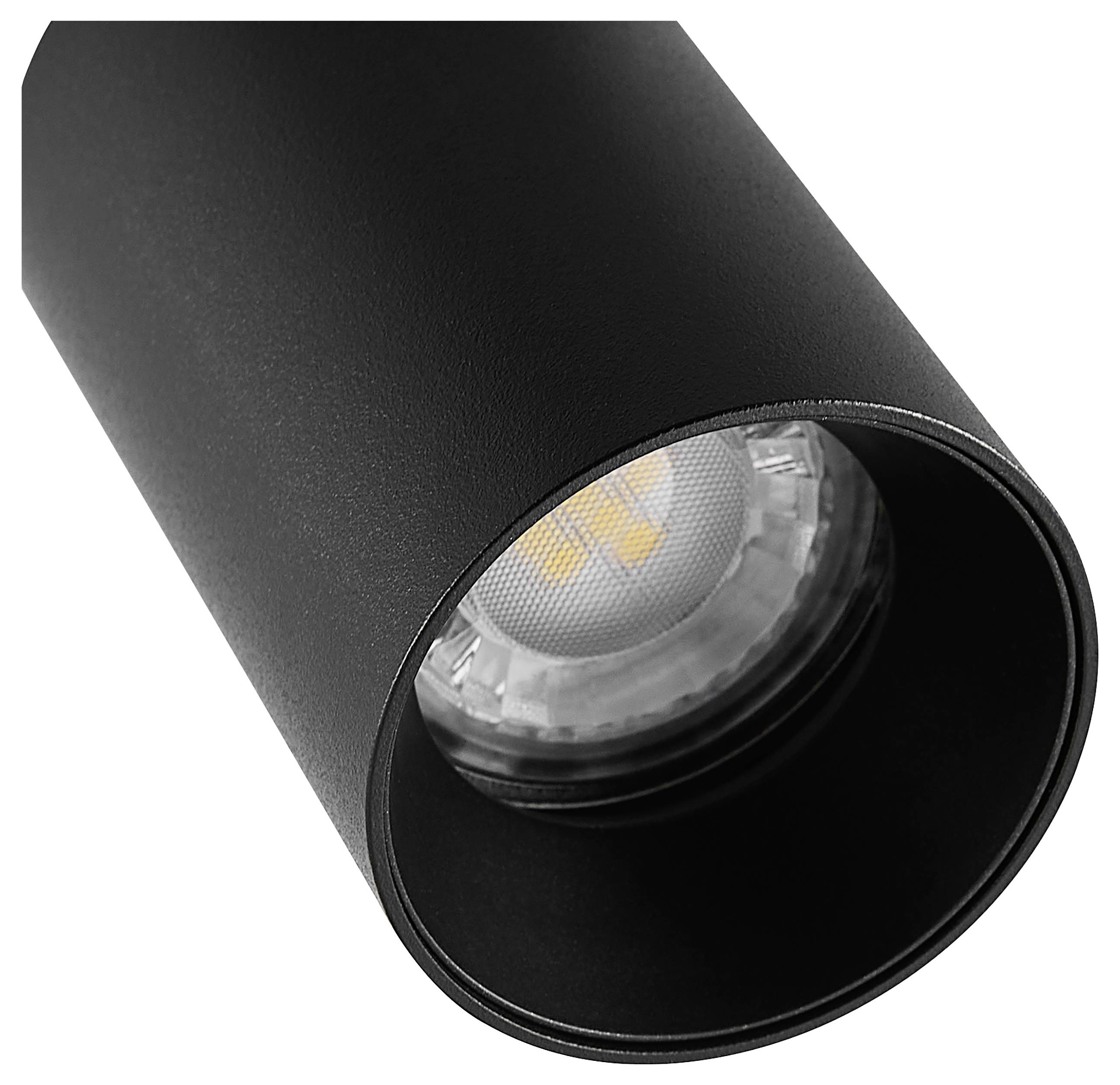 Schwarze zylindrische Spotlightleuchte mit einer versenkten LED-Birne, dargestellt vor weißem Hintergrund.