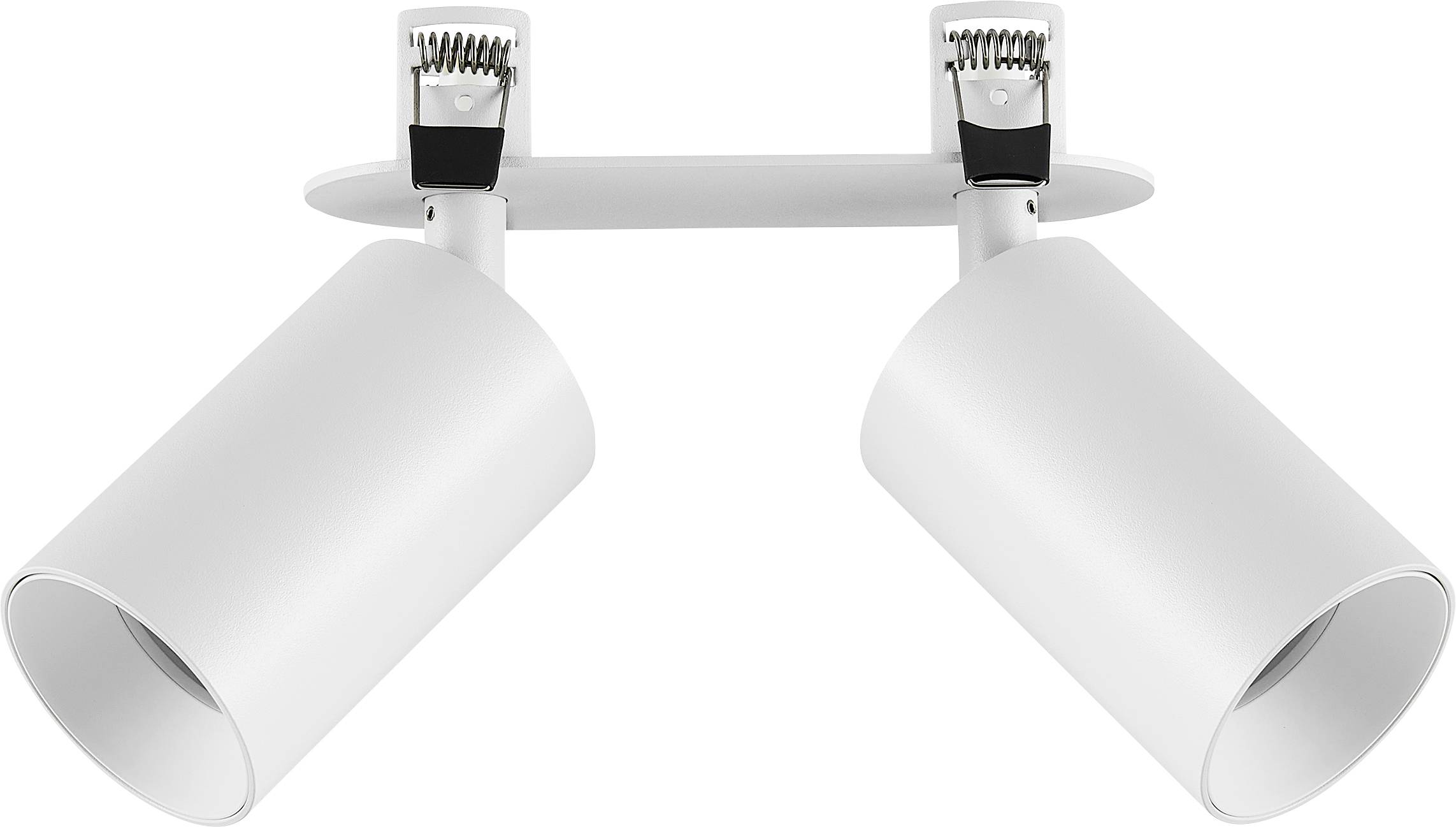 Weiße doppelte Deckenspotleuchte mit zwei verstellbaren zylindrischen Lampen auf einer horizontalen Schiene.