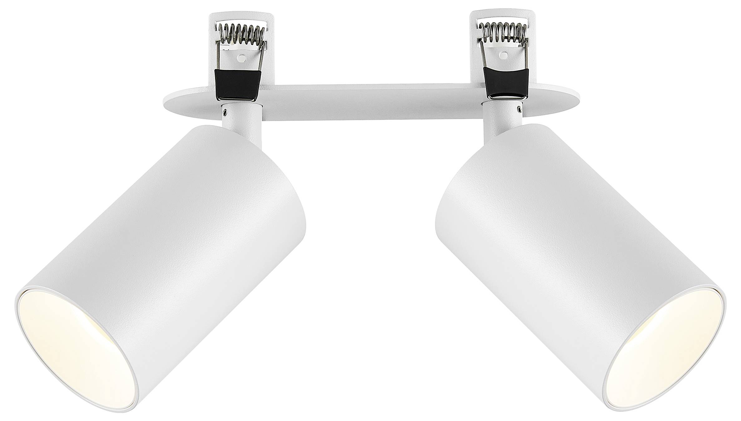 Weiße Doppelkopf-Deckenleuchte mit zwei verstellbaren zylindrischen Lampen auf einer horizontalen Halterung.