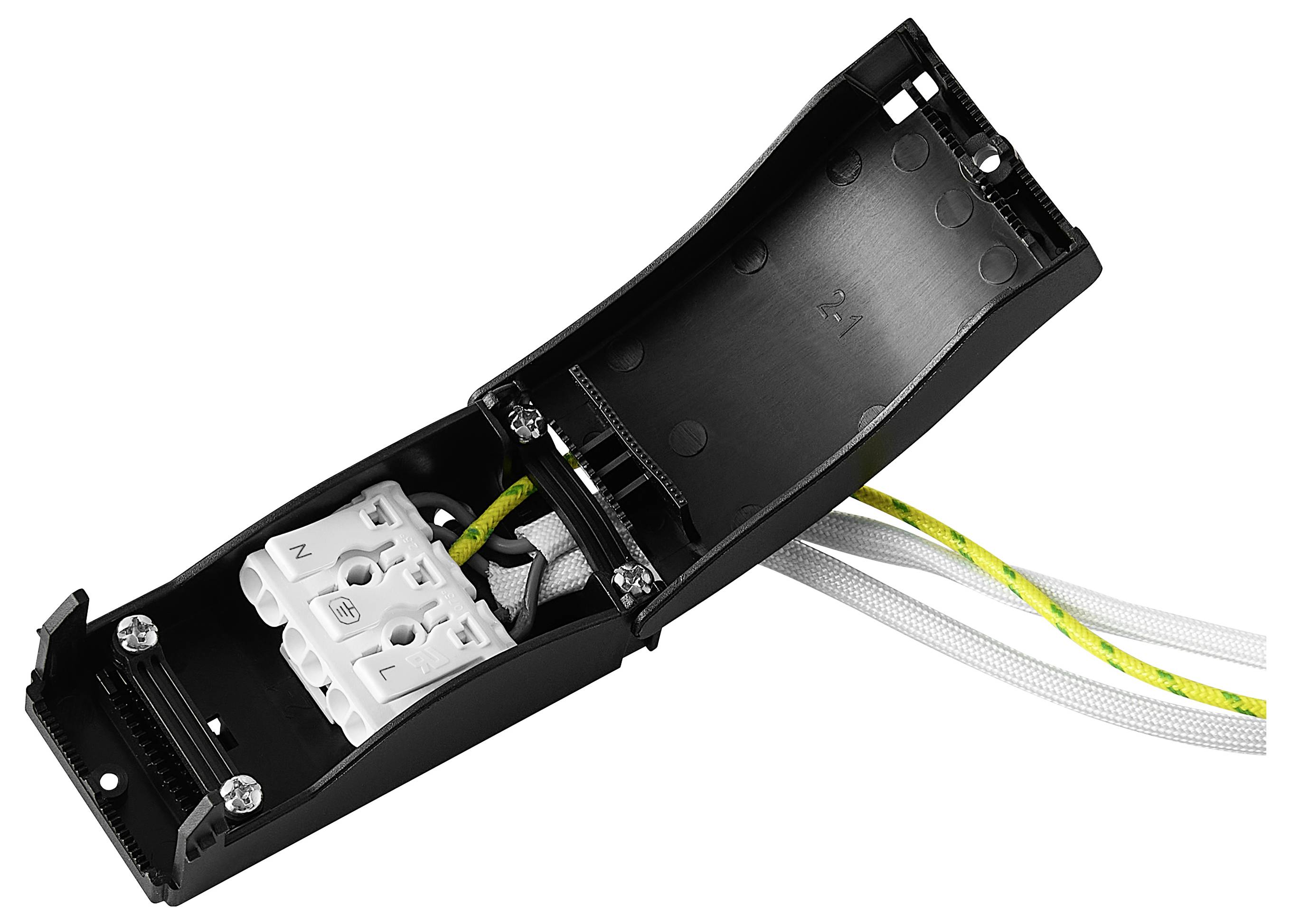 Schwarze Strahlerleuchte auf einer Deckenführungsschiene montiert, mit einer einzelnen pendelartigen Hängeleuchte oder einem Kabel, das nach unten verläuft.