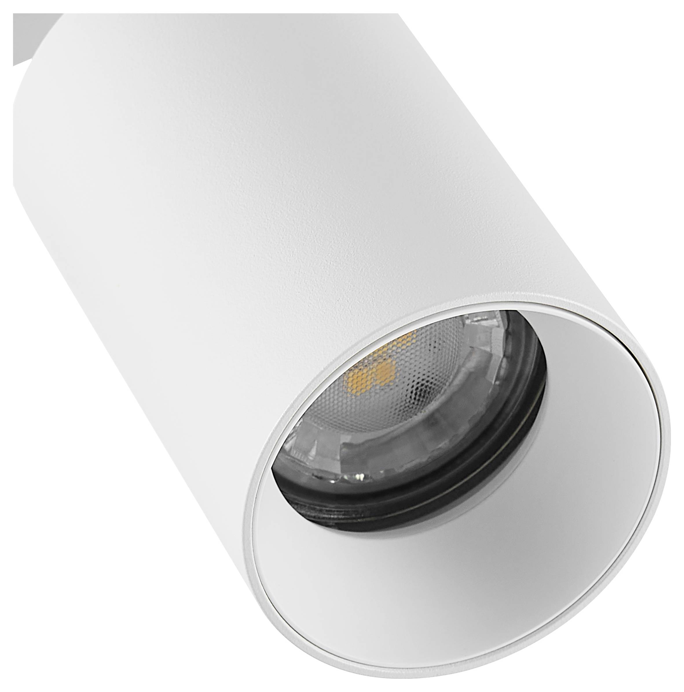 Weiße zylindrische, versenkte Deckenleuchte mit sichtbarer Lampe in einer runden Blende.
