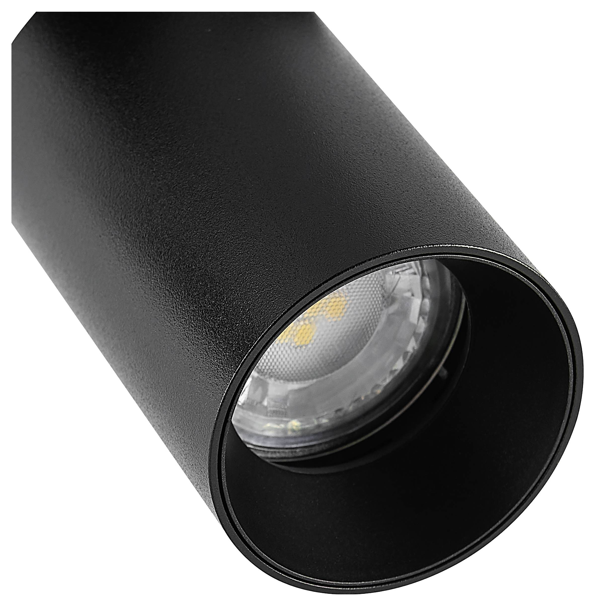 Schwarze zylindrische Spotlightleuchte mit einer eingelassenen runden LED-Lampe, vor weißem Hintergrund dargestellt.