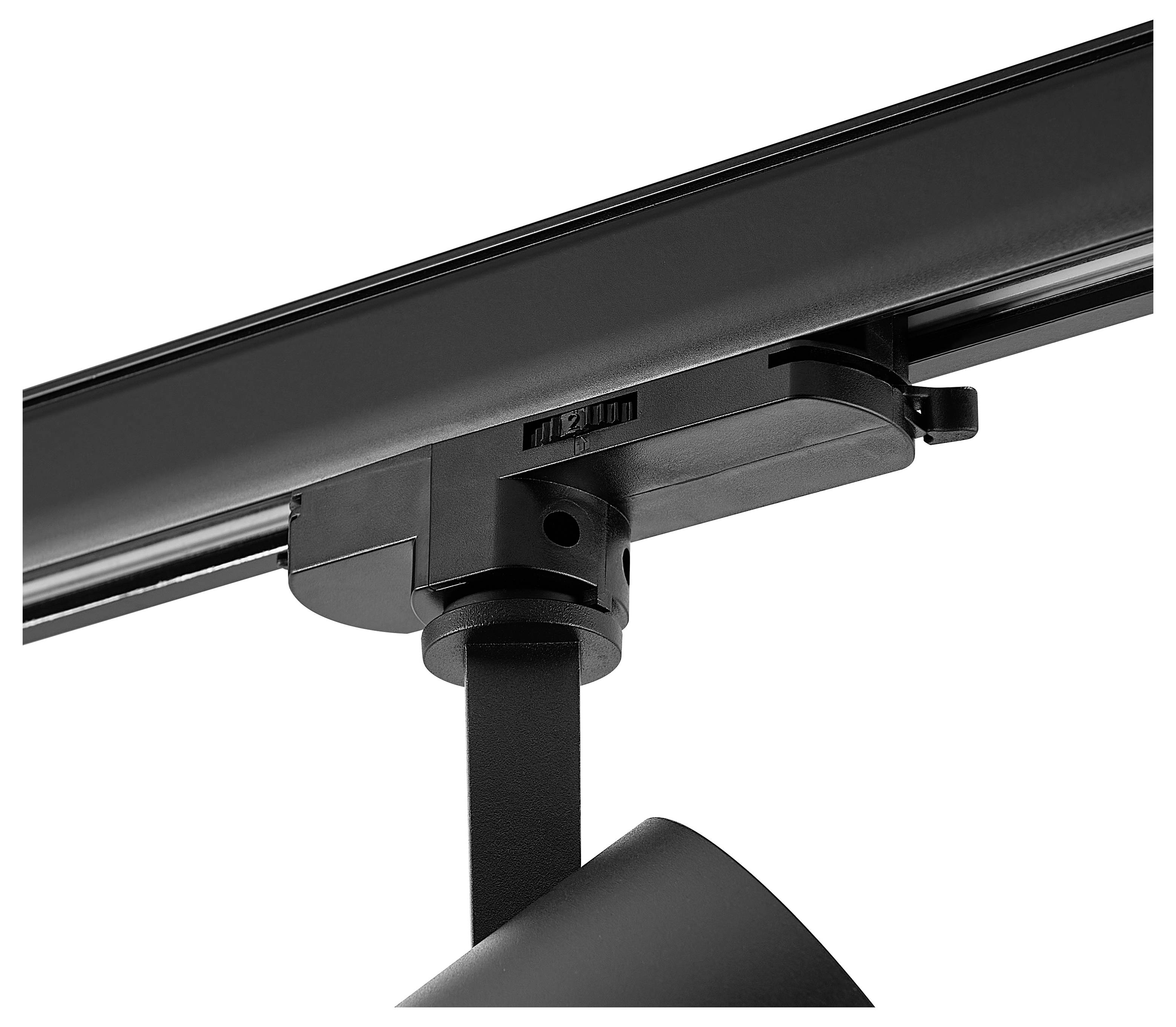 Schwarze verstellbare Spotlightleuchte mit quadratischer Deckenhalterung und zylindrischem Lampenkopf auf weißem Hintergrund.