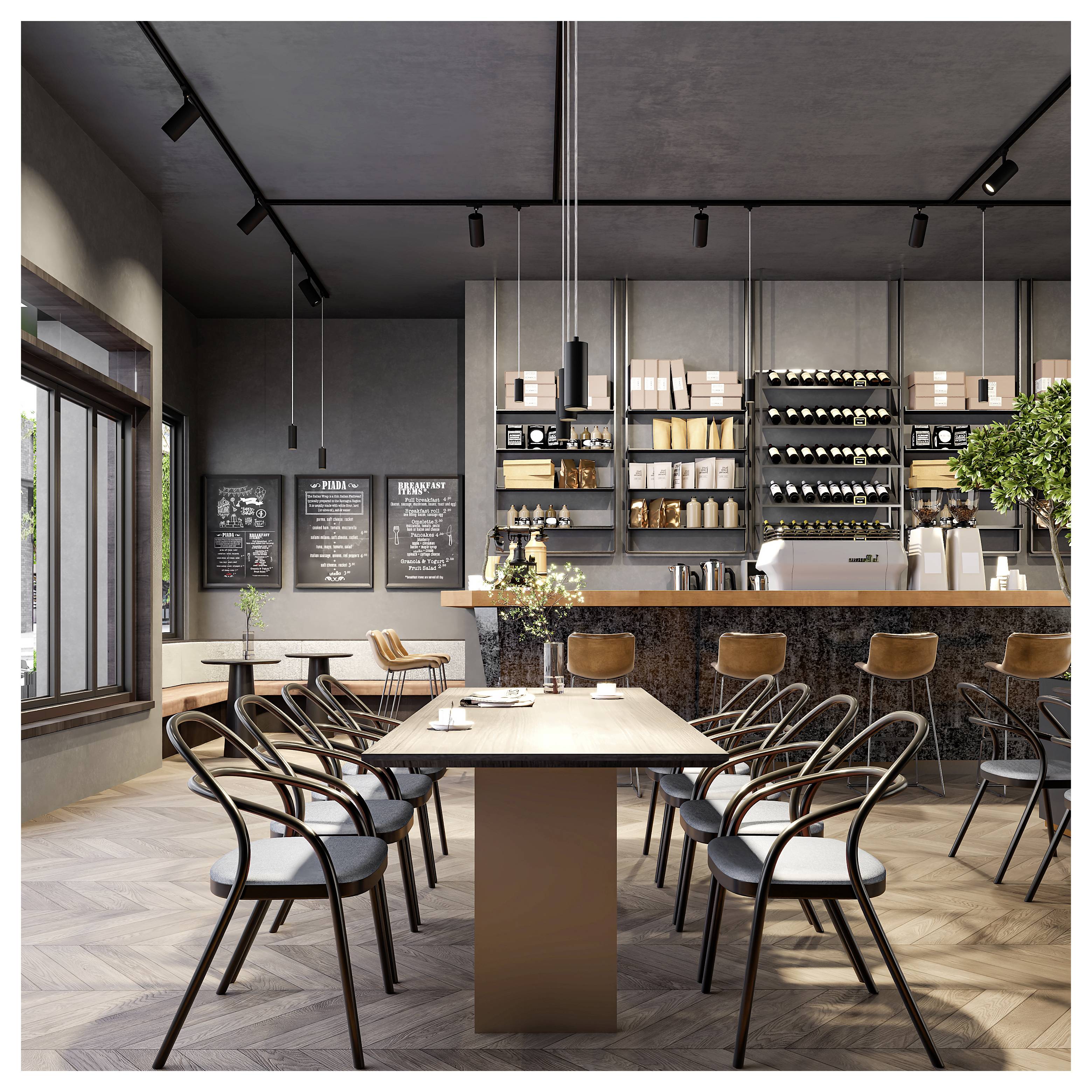 Modernes Café-Interieur mit einem langen Gemeinschaftstisch, schwarzen Stühlen, Wandmenütafeln und einer Kaffeebar mit Regalen voller Tassen und Flaschen.