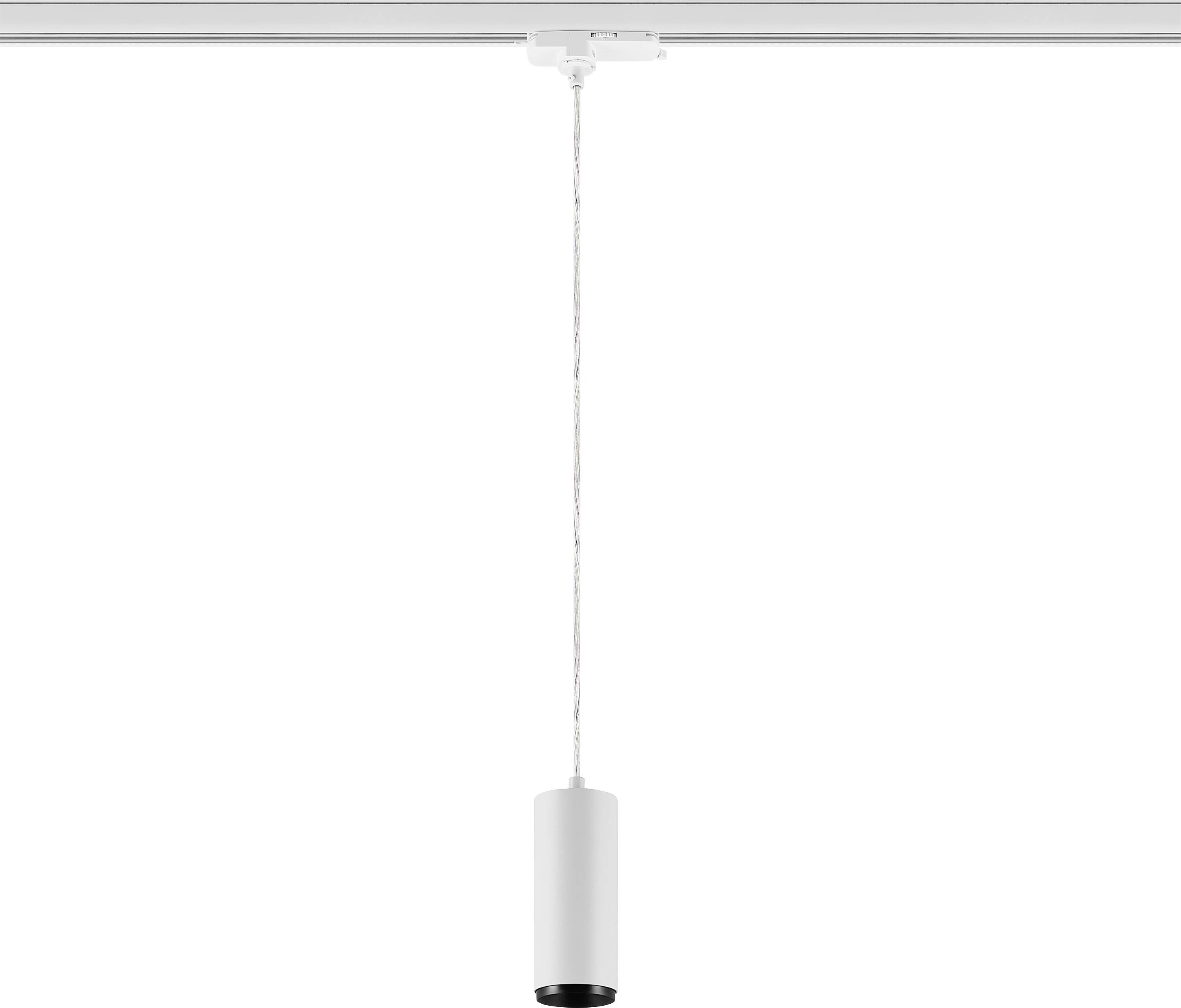 Minimale weiße zylindrische Pendelleuchte, die von einer Deckenhalterung gegen einen weißen Hintergrund hängt.
