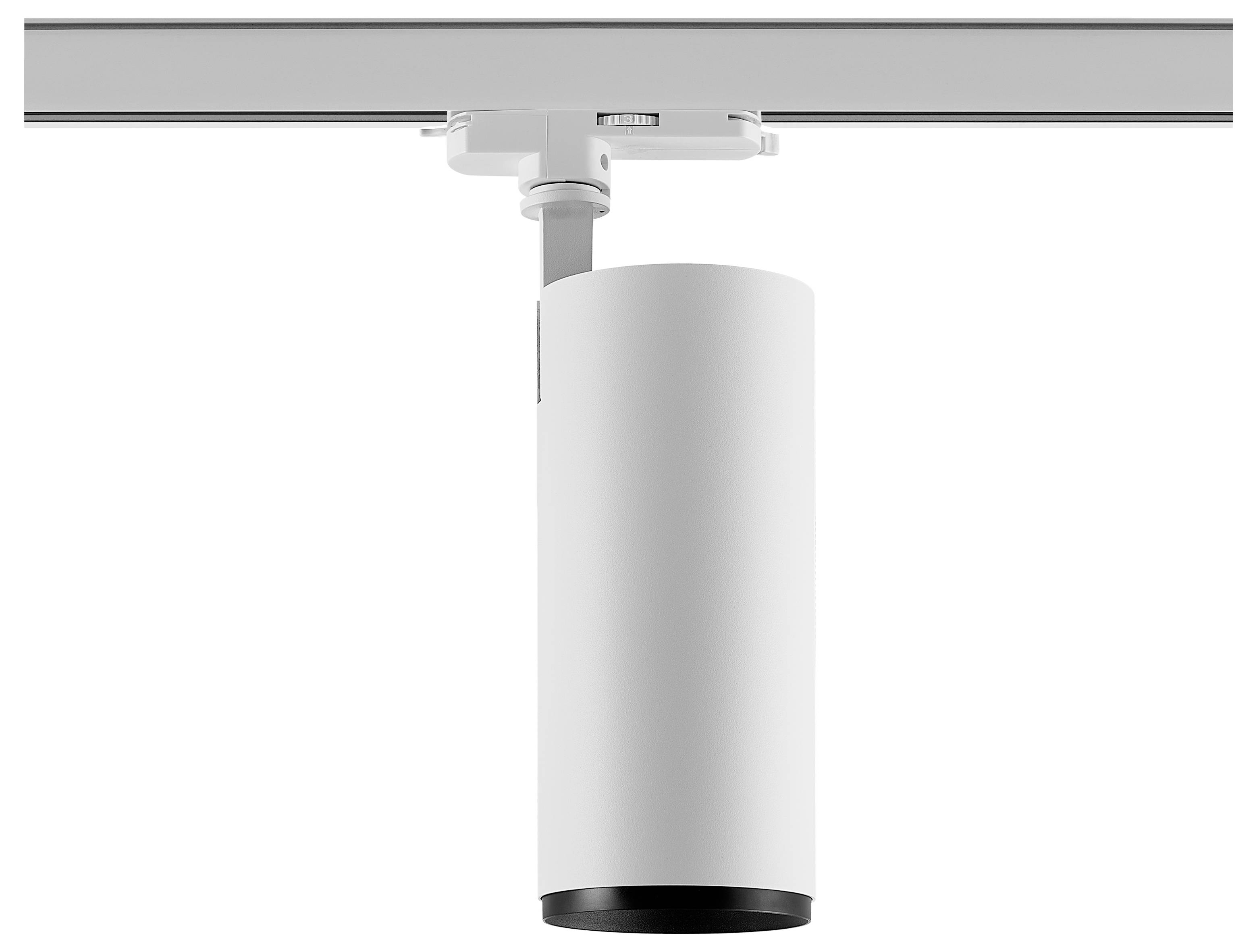 Nahaufnahme eines silbernen verstellbaren LED-Spotlichts, das auf einer grauen Wandhalterung montiert ist.