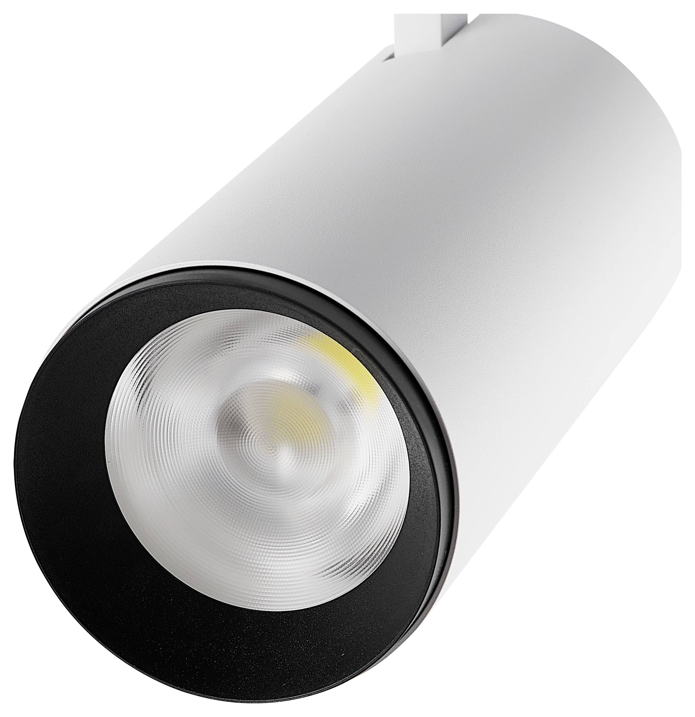Weißer zylindrischer Schienen-Spotlicht mit schwarzem vordenem Ring und eingelassenem LED-Objektiv, auf einfachem Hintergrund dargestellt.