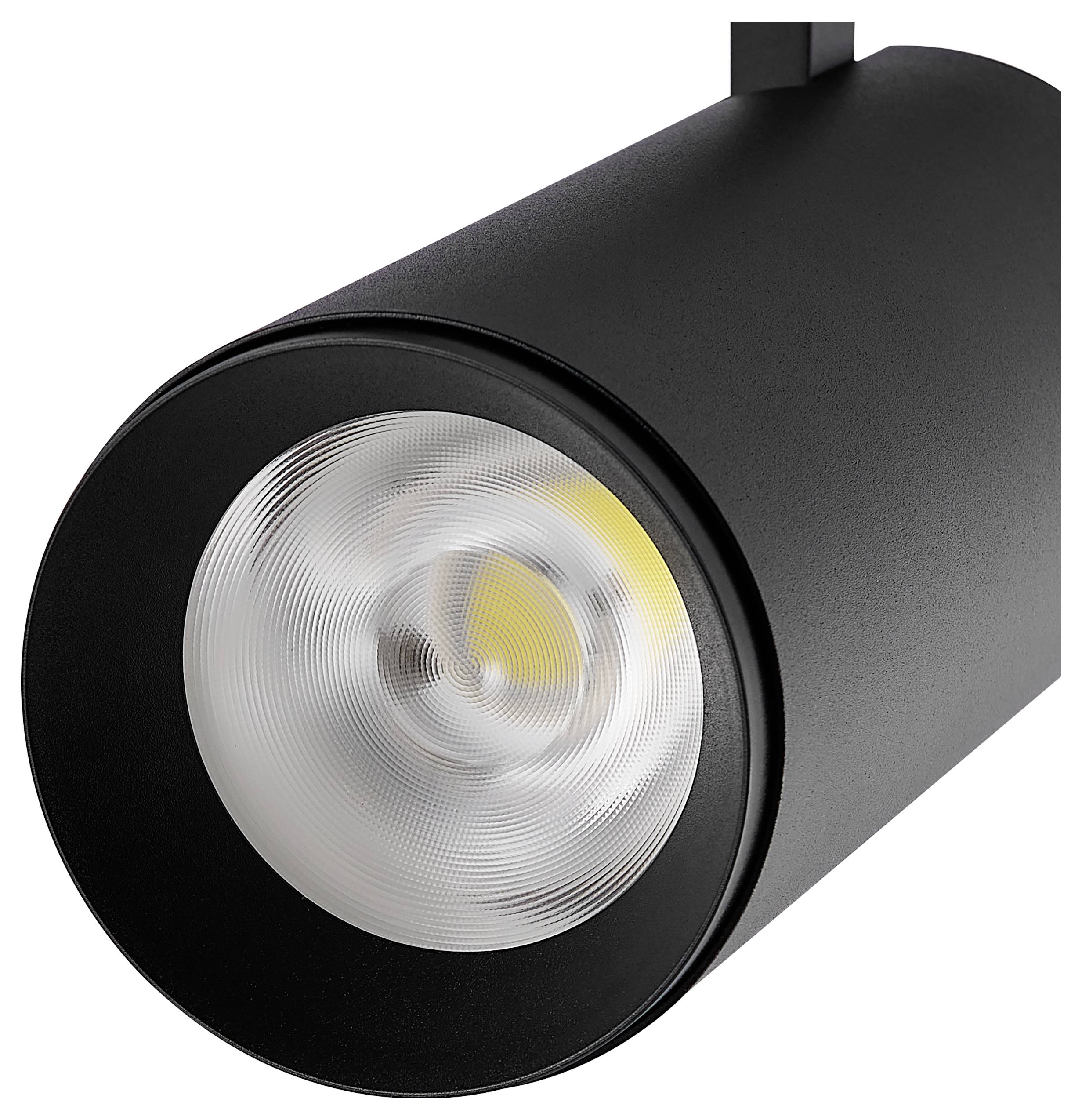 Schwarze zylindrische Schienenleuchte mit rundem LED-Objektiv, vor weißem Hintergrund dargestellt.