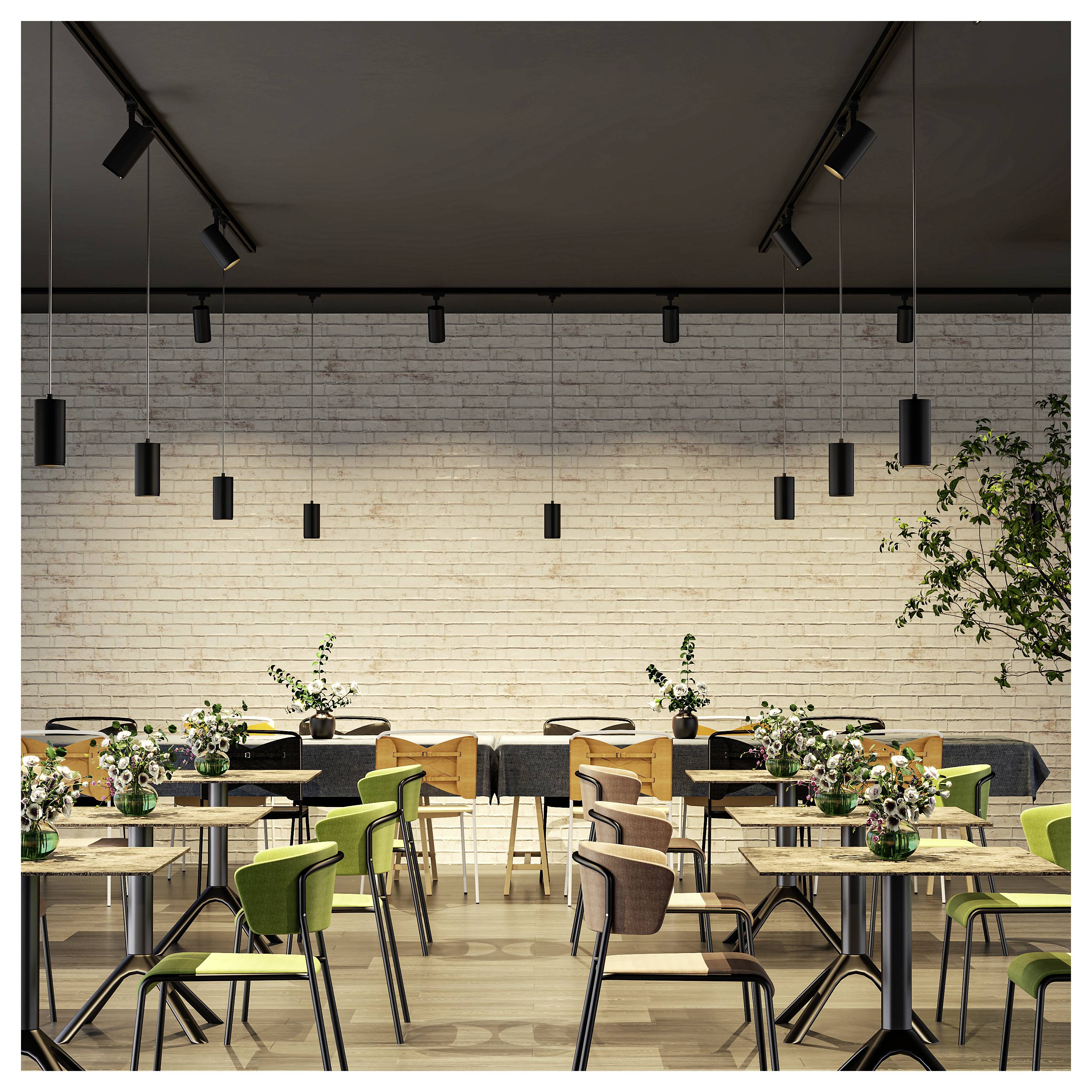 Modernes Café- oder Restaurantinterieur mit leeren Holztischen, grünen Stühlen, kleinen Blumensträußen, Pendelleuchten und einer weißen Ziegelwand