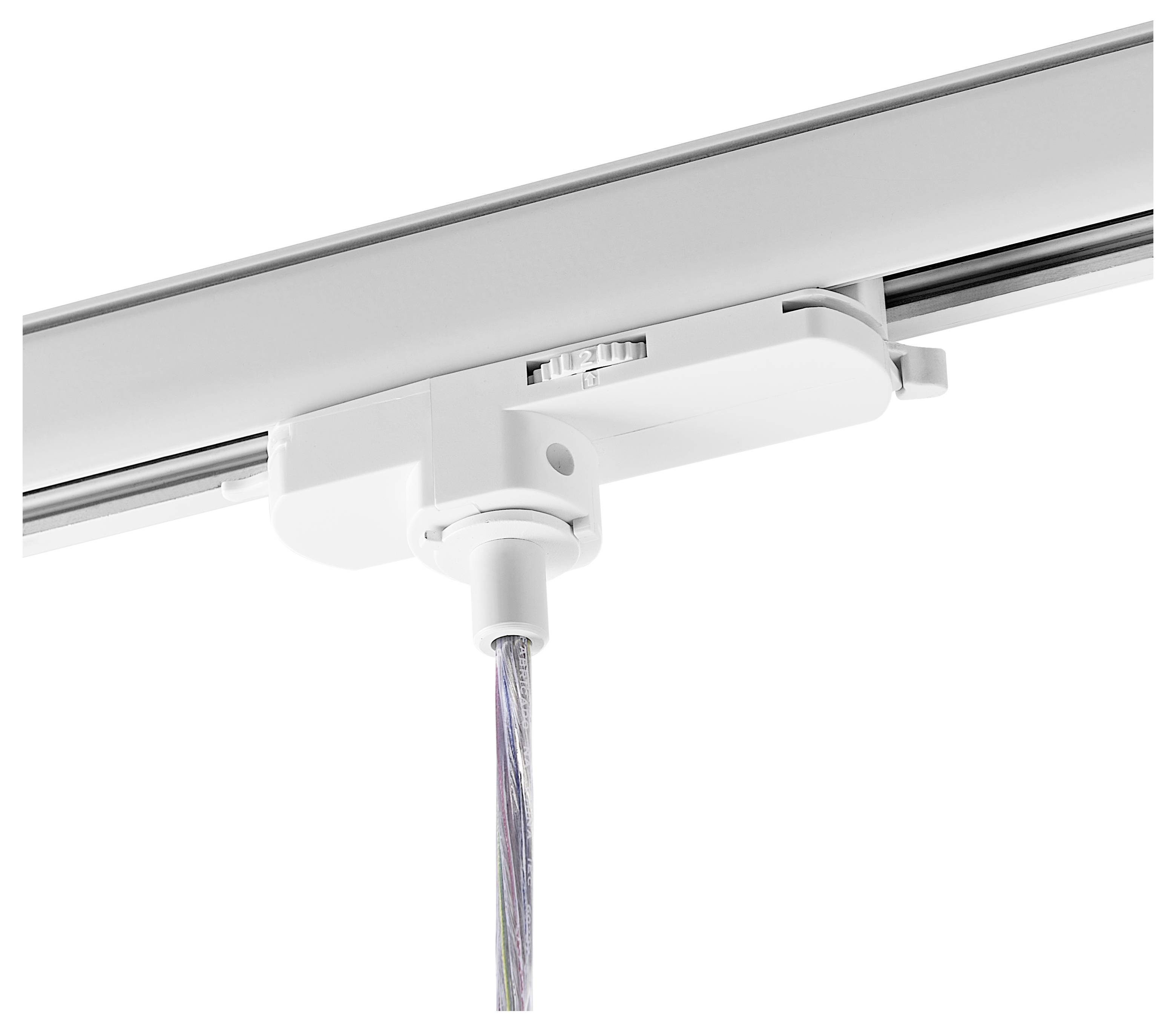 Ein weißer Deckenflächenleuchten-Adapter mit einem hängenden Stromkabel, das an der Schiene befestigt ist.