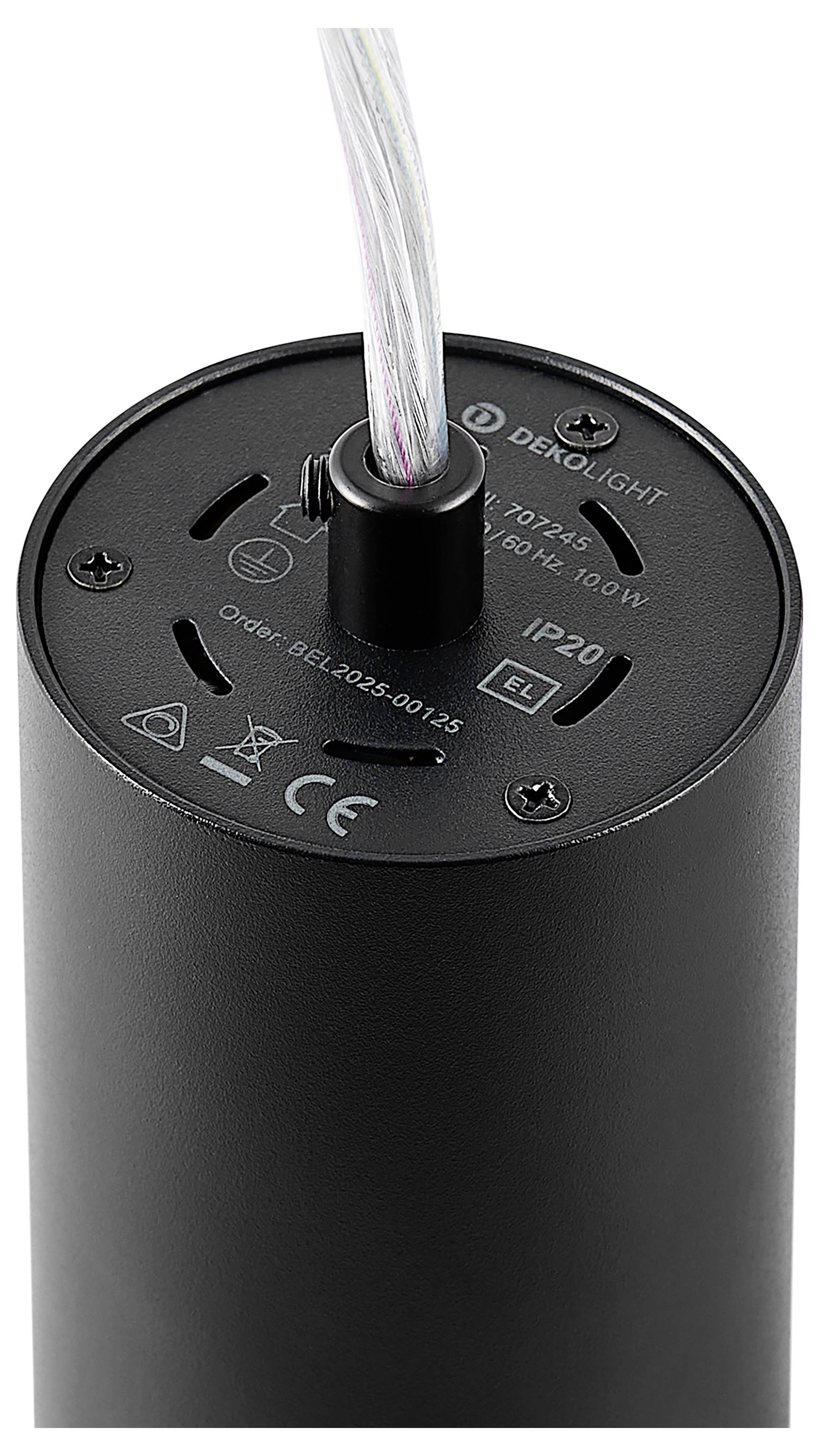 Schwarze zylindrische Einbauleuchte mit montiertem elektrischem Kabel, das oben eintritt, sowie sichtbarem Branding, Schrauben und Warnsymbolen.