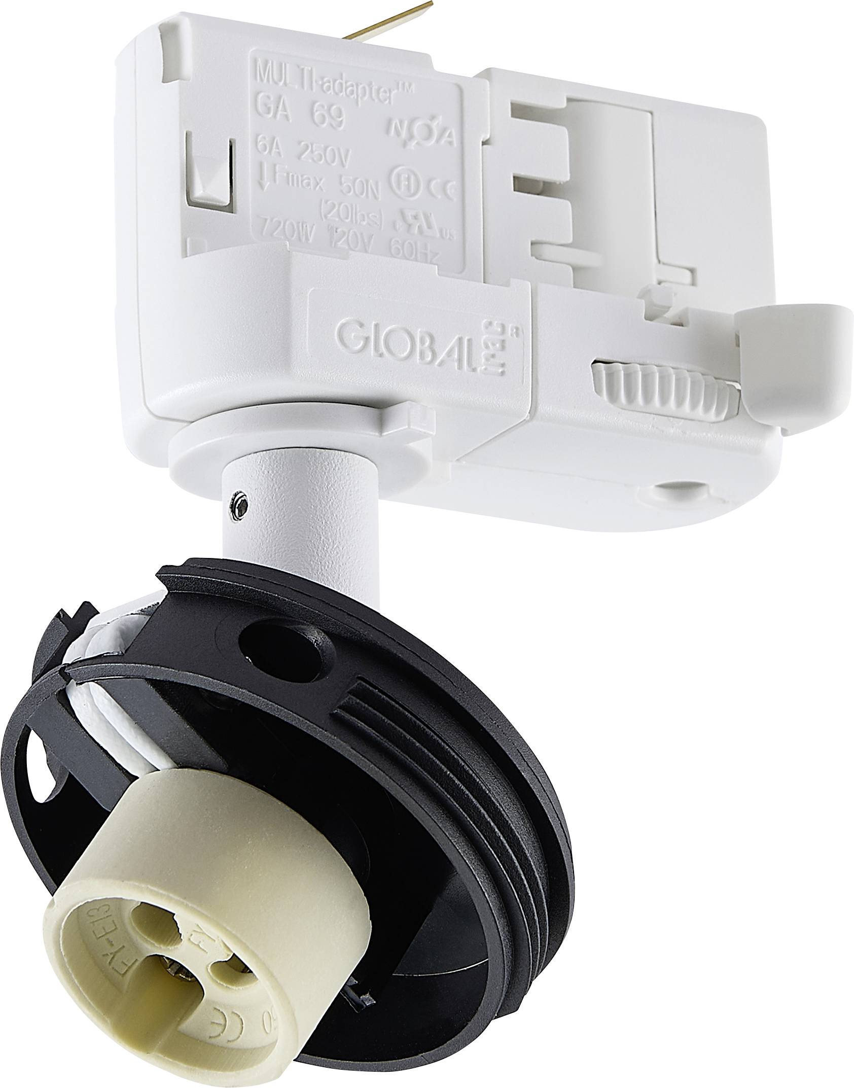 Weiße Schienenlichtadapter mit schwarzem Lampenkopf und beigefassungszocket, isoliert auf weißem Hintergrund dargestellt.