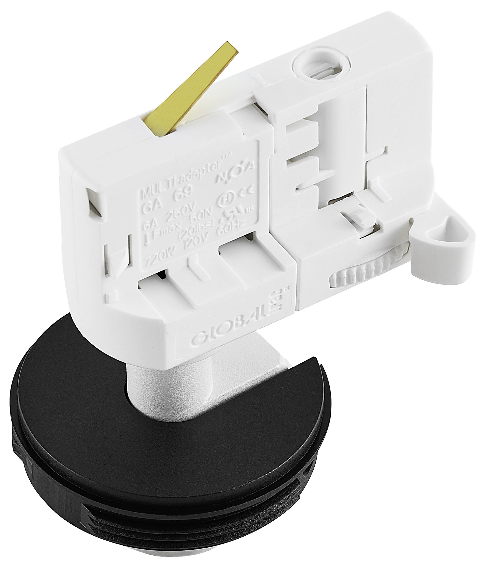 Weißer Kunststoff-Elektrostecker-Adapter mit einem gelben Hebel, montiert auf einer schwarzen runden Basis, vor einem einfachen Hintergrund dargestellt.