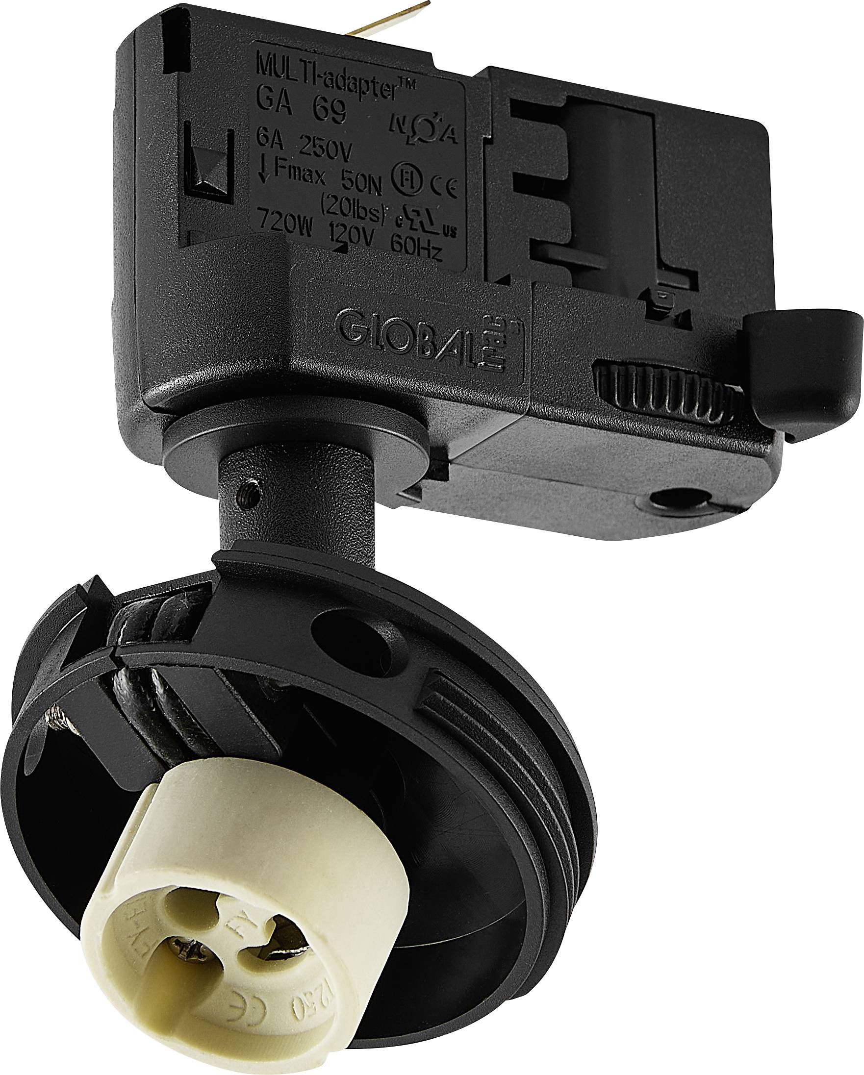 Schwarzer elektrischer Schienenlichtadapter mit kreisförmiger Montagebasis und beigefarbener Lampenfassung, dargestellt auf weißem Hintergrund.