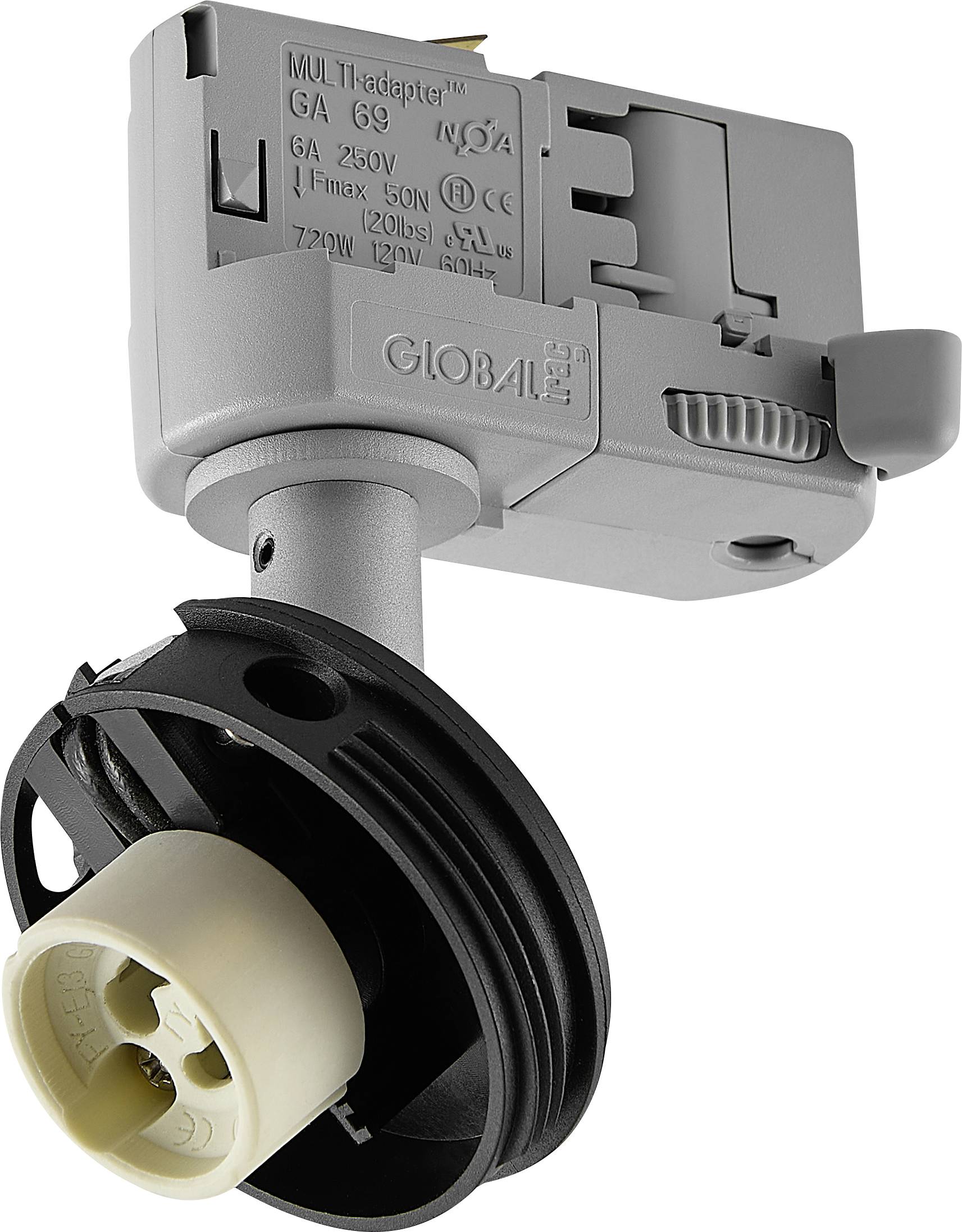Schienenleuchtenadapter mit montierter Spotlightsockel, dargestellt in Grau und Schwarz auf weißem Hintergrund.