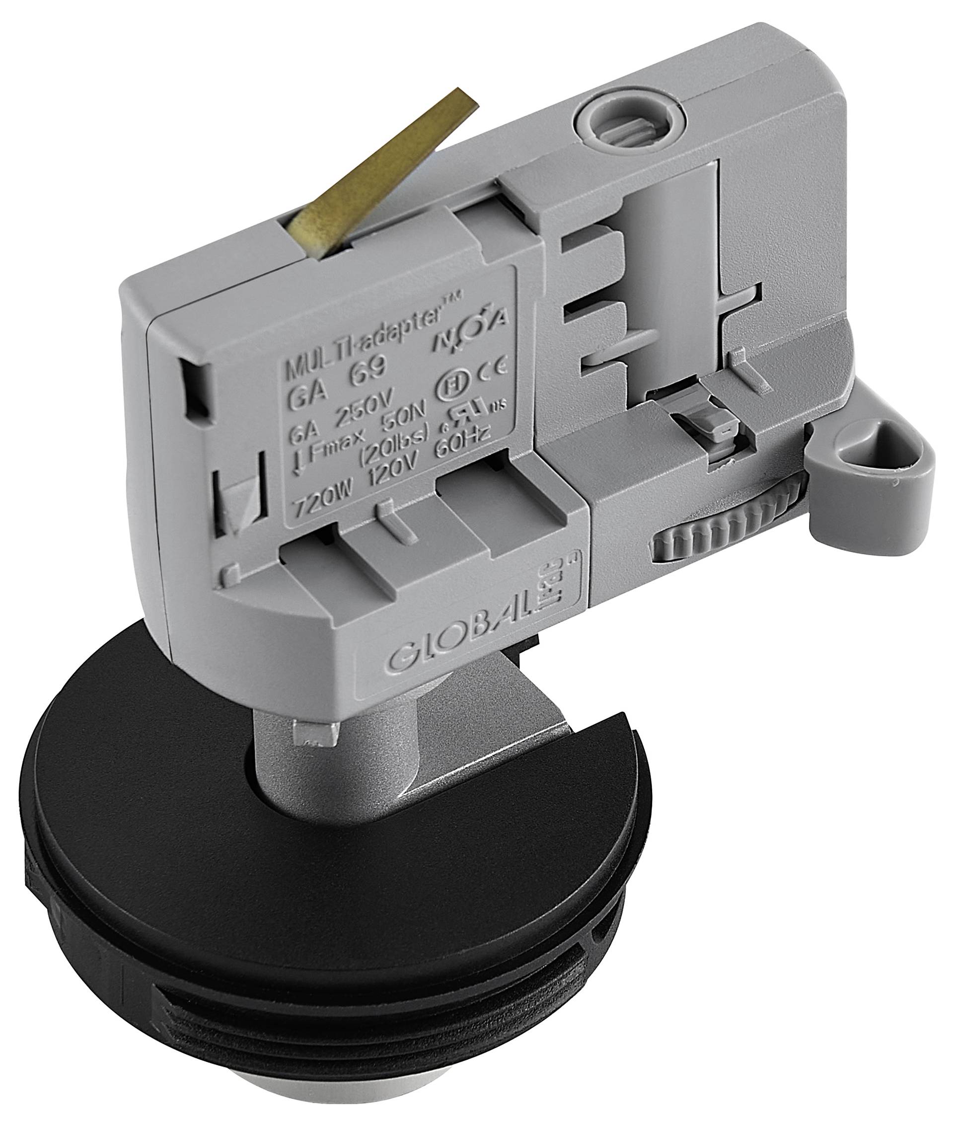 Grauer Elektrostecker-Adapter mit schwarzer kreisförmiger Basis, dargestellt in Produktstil-Ansicht auf weißem Hintergrund.