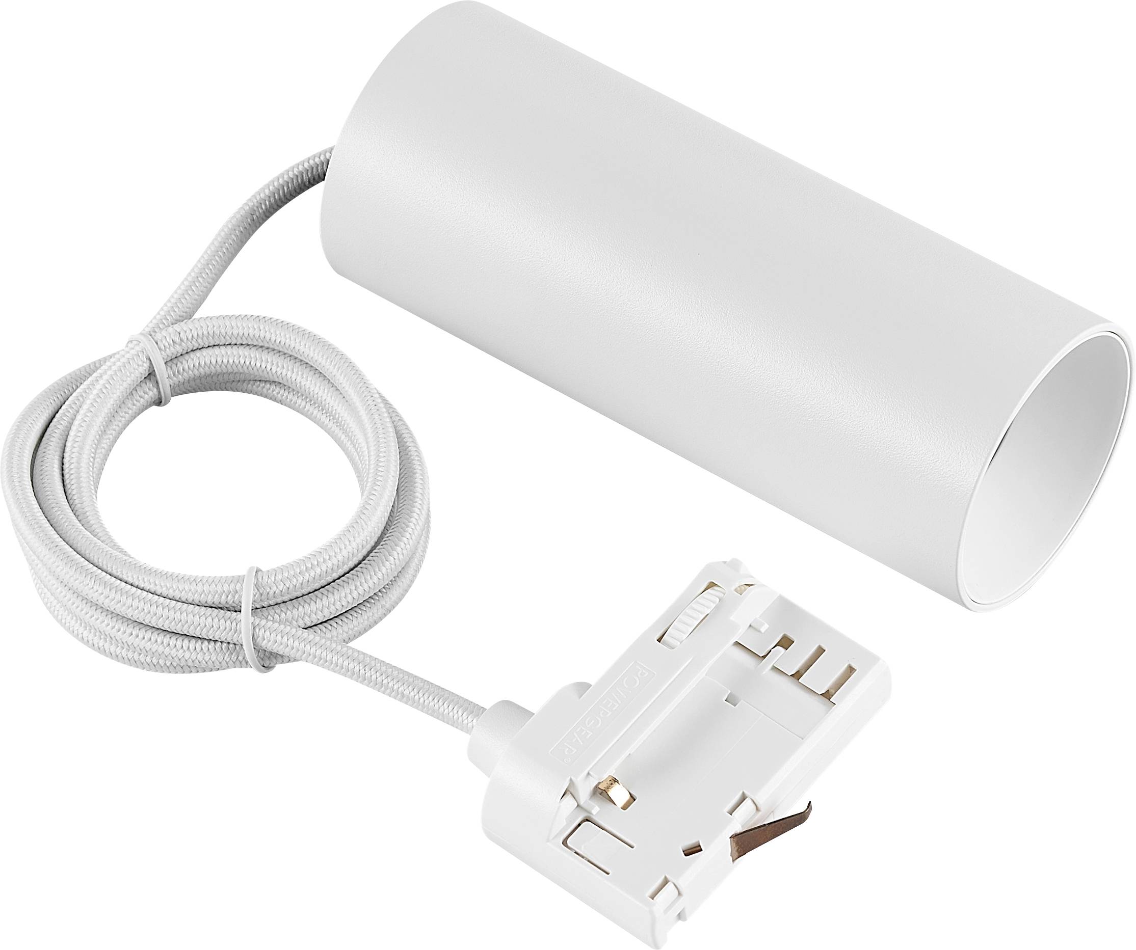 Weiße Pendelleuchten-Fassung mit Kabel, Stecker und zylindrischer Deckenrosette auf weißem Hintergrund