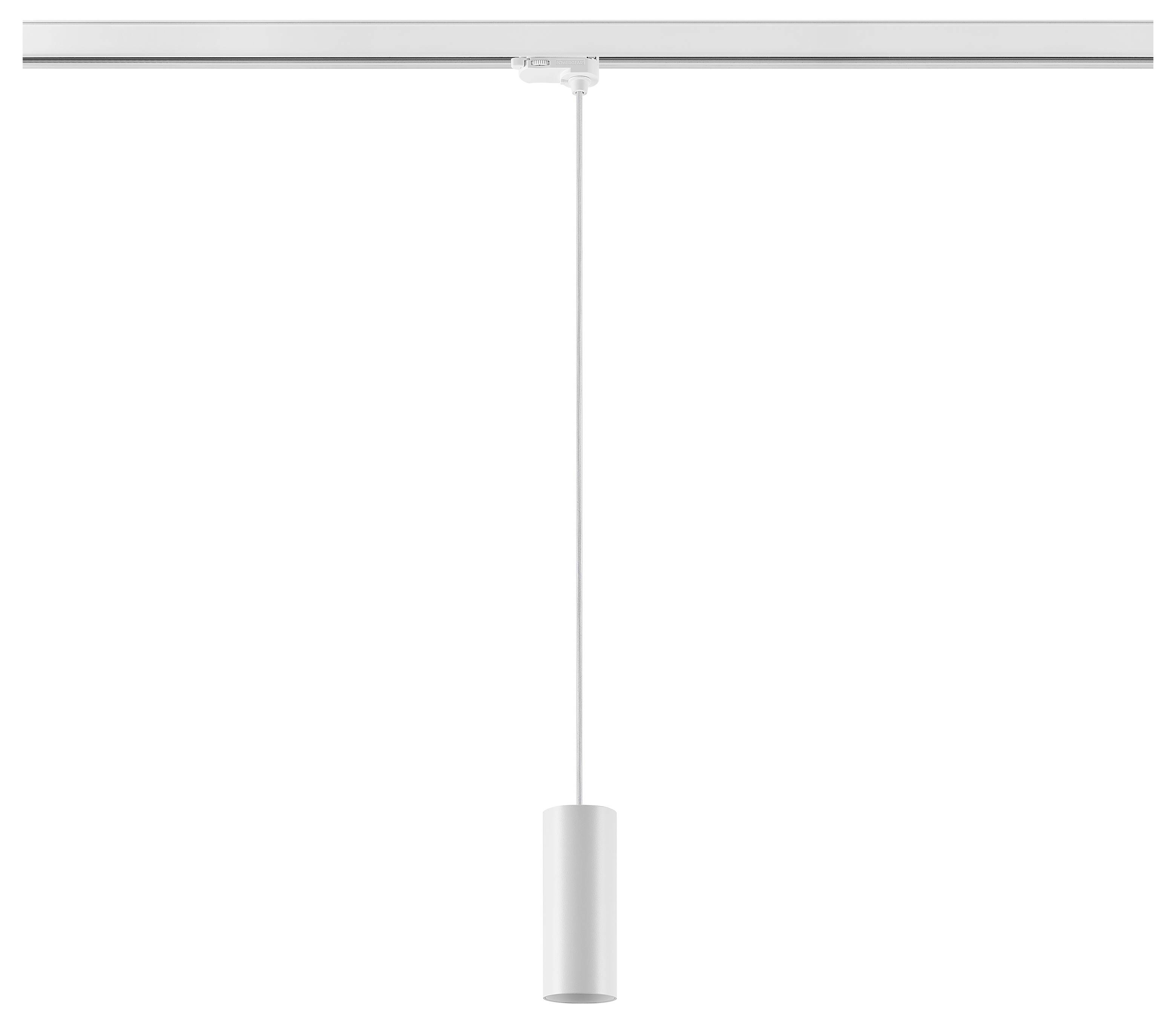 Weiße zylindrische Pendelleuchte, die von einer Deckenleiste an einem langen Kabel aufgehängt ist