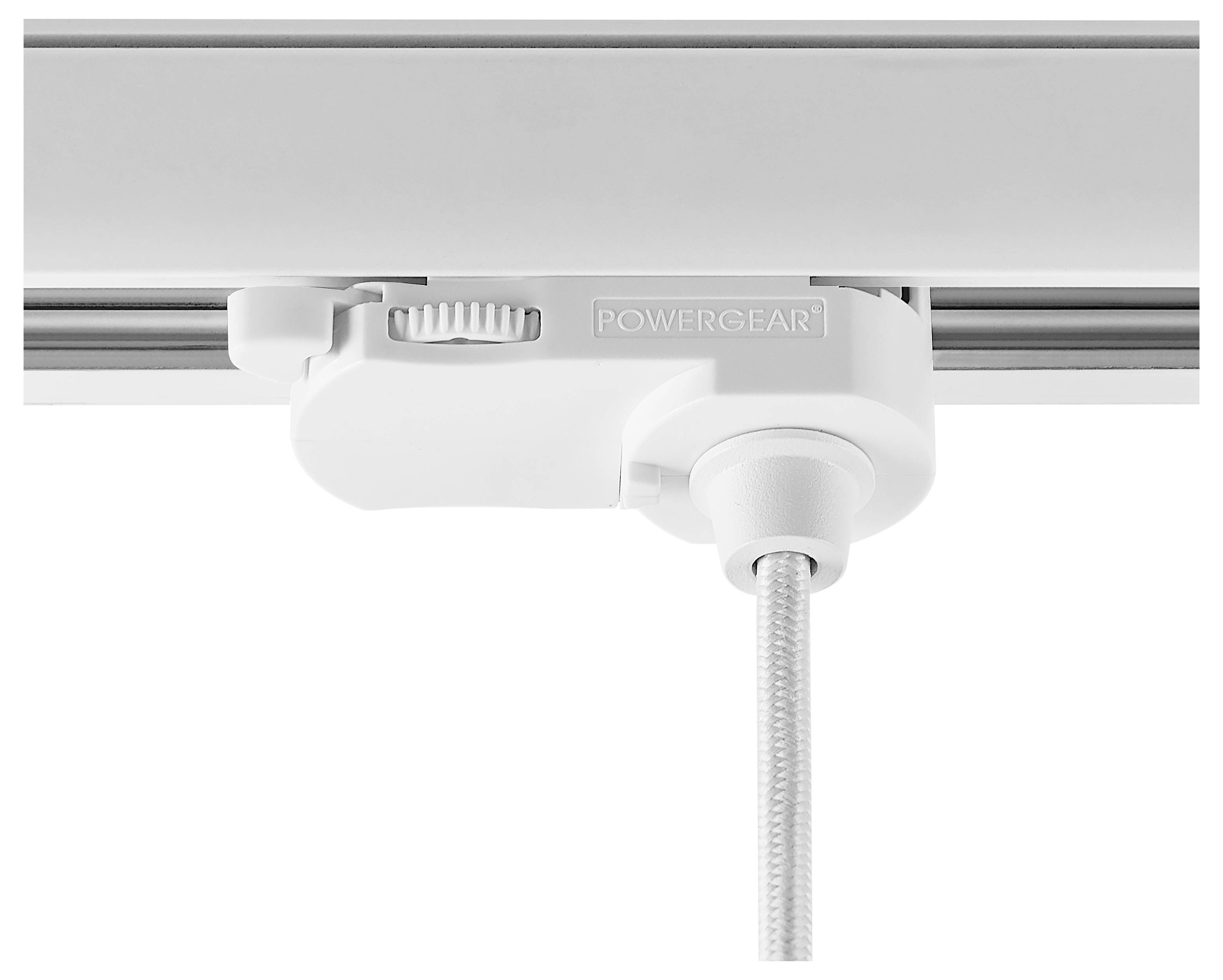 Weiße POWERGEAR-Fensterrollogurt-Wickelvorrichtung, die an einer Schiene befestigt ist, mit einem darunter hängenden Zugstrang.