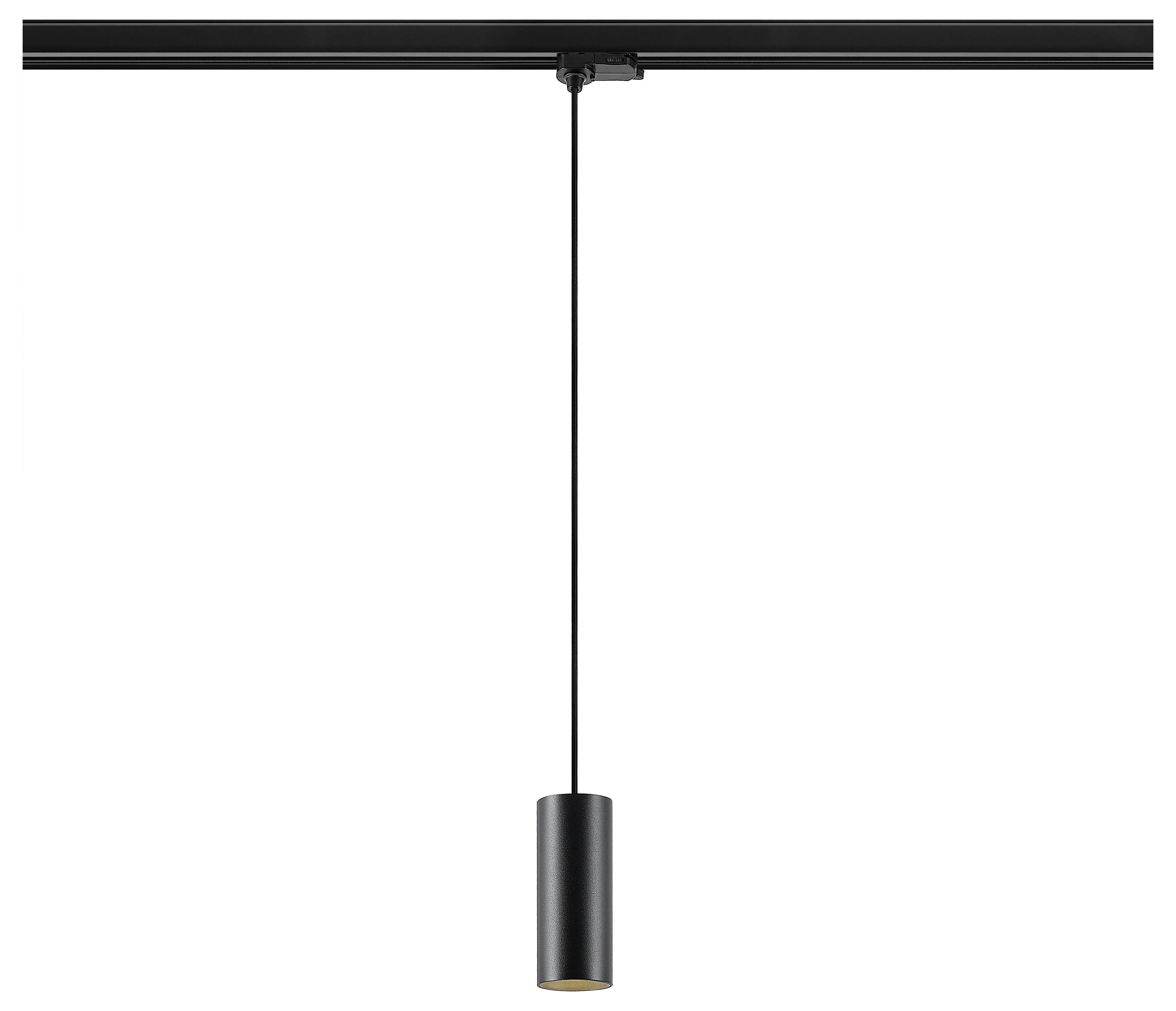 Eine minimalistische weiße Pendelleuchte hängt an einer Deckenleiste an einem langen Kabel, mit einem kleinen zylindrischen Schirm.
