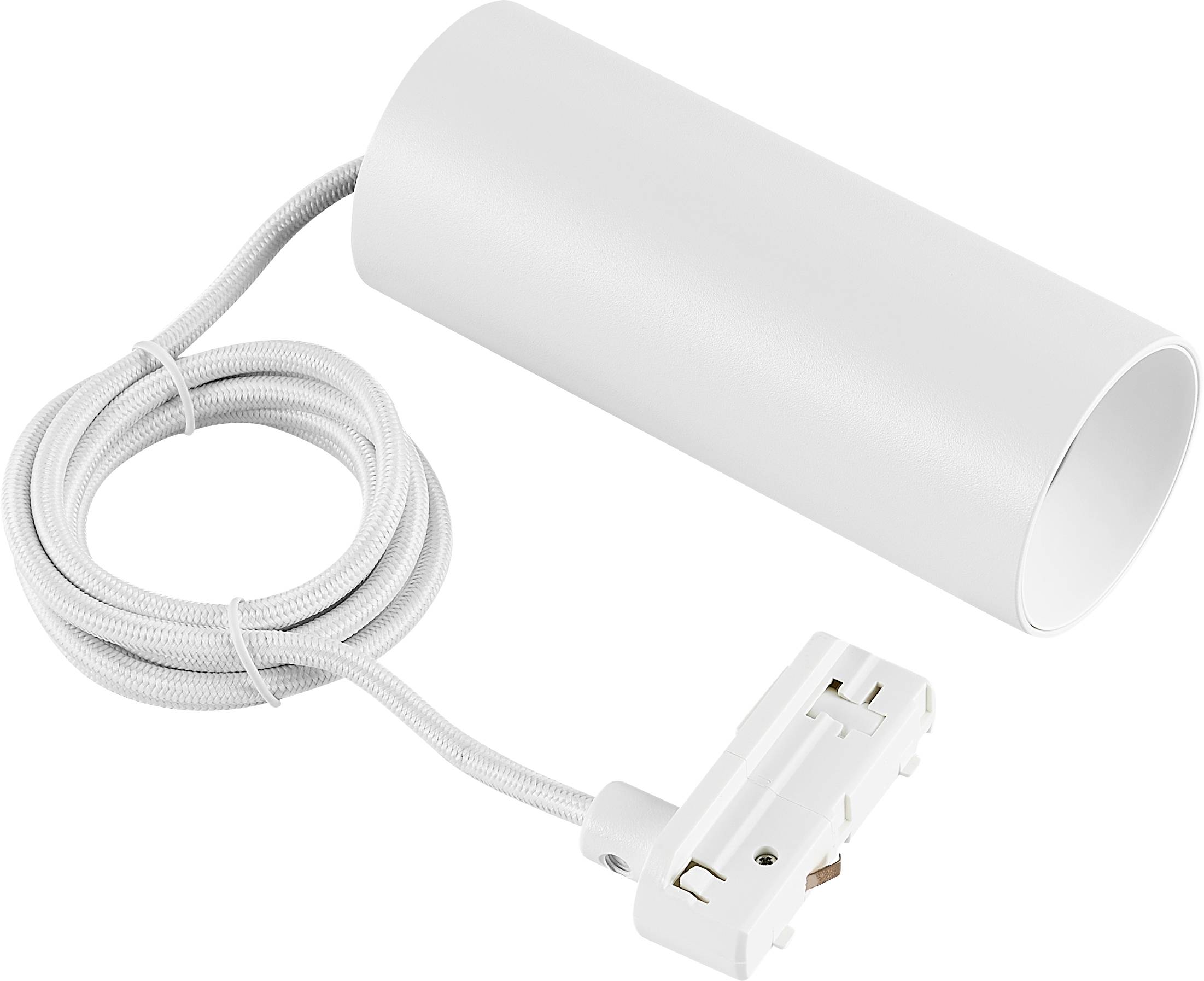 Weiße Pendelleuchte mit zylindrischem Lampenschirm, Kabel und Deckenmontagefassung auf weißem Hintergrund.