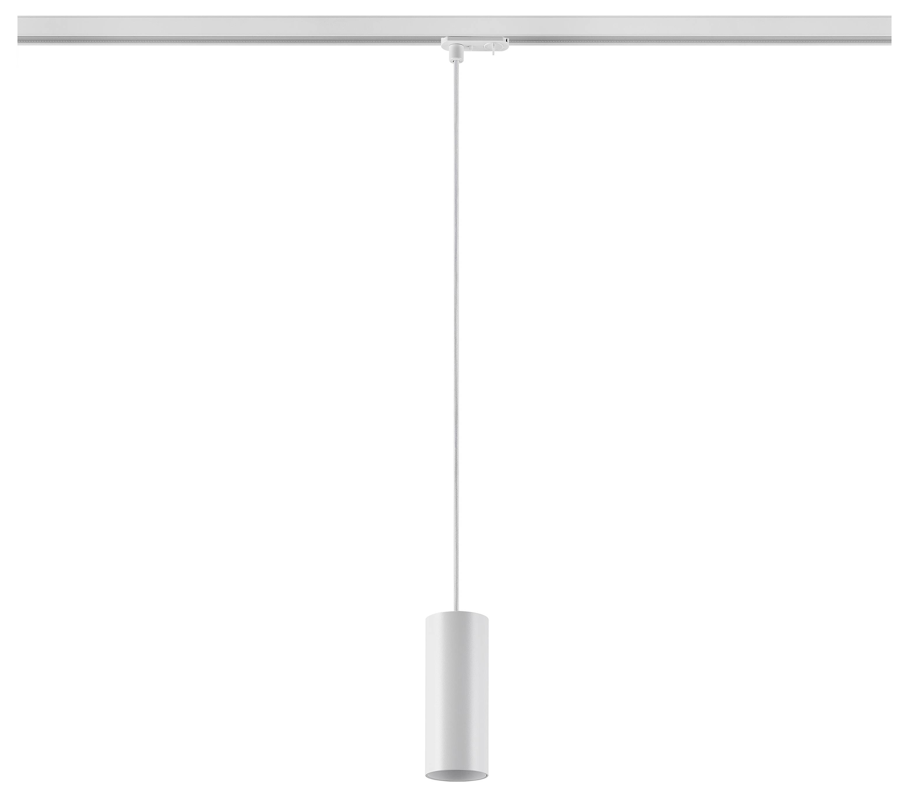 Minimalistische weiße Pendelleuchte mit dünnem Aufhängeseil und zylindrischer Metallfassung auf einer Deckenleiste.