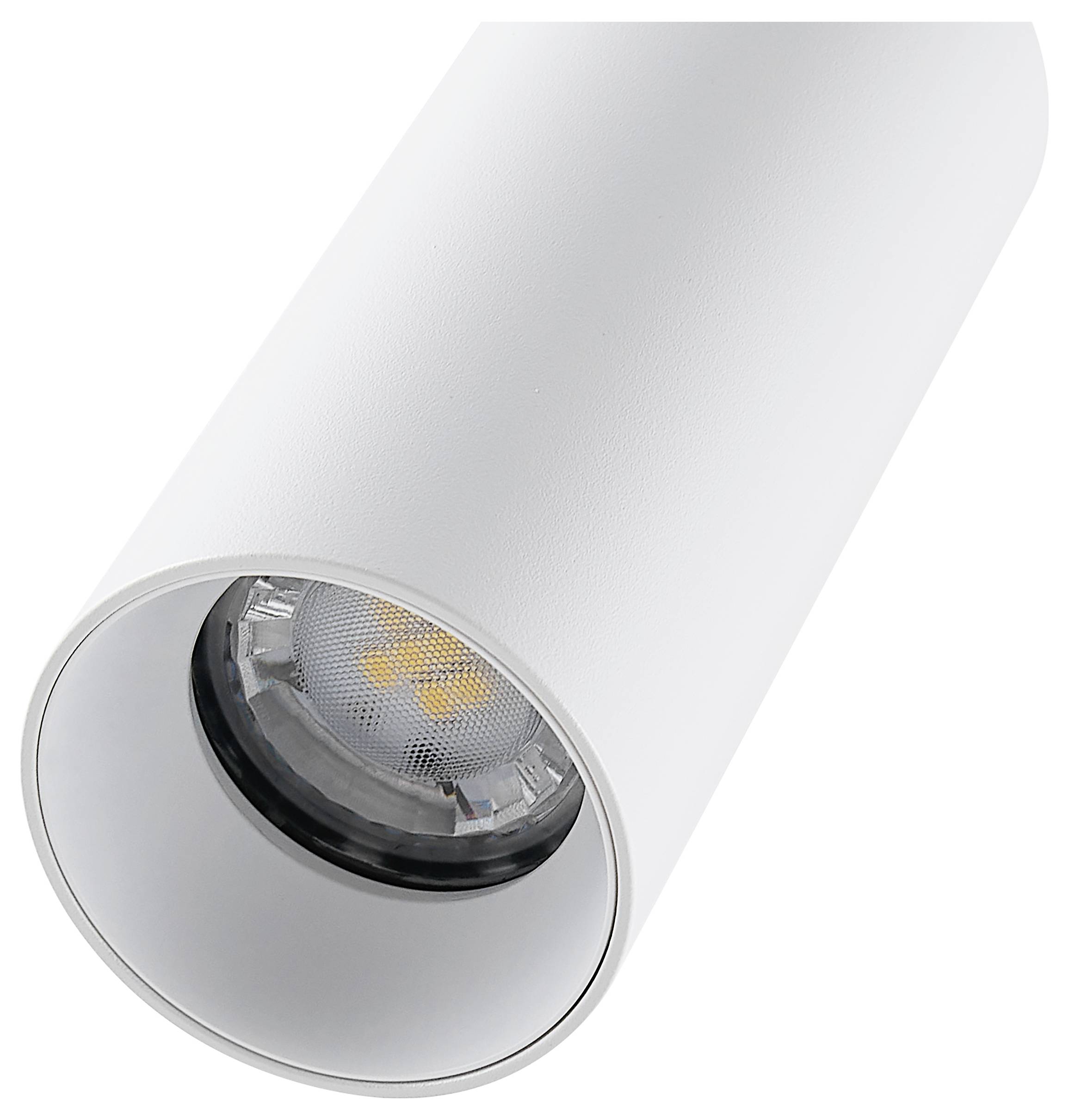 Weißer zylindrischer Deckenspot mit eingelassenem LED-Licht, auf einfachem Hintergrund dargestellt.
