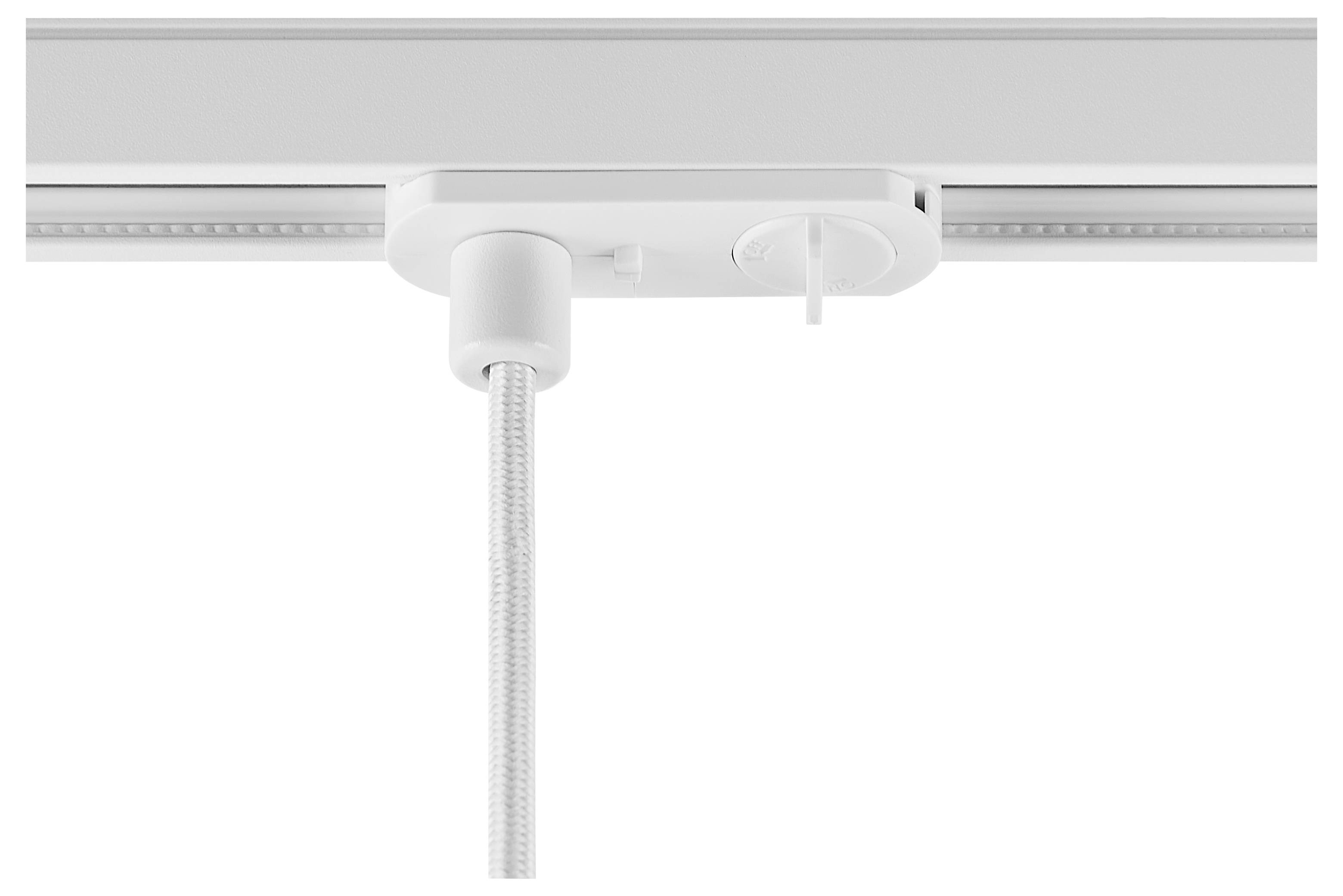 Weiße Deckenleisten-Lichtstecker mit einem hängenden Stromkabel, das an einer Schiene auf einem schlichten weißen Hintergrund befestigt ist.