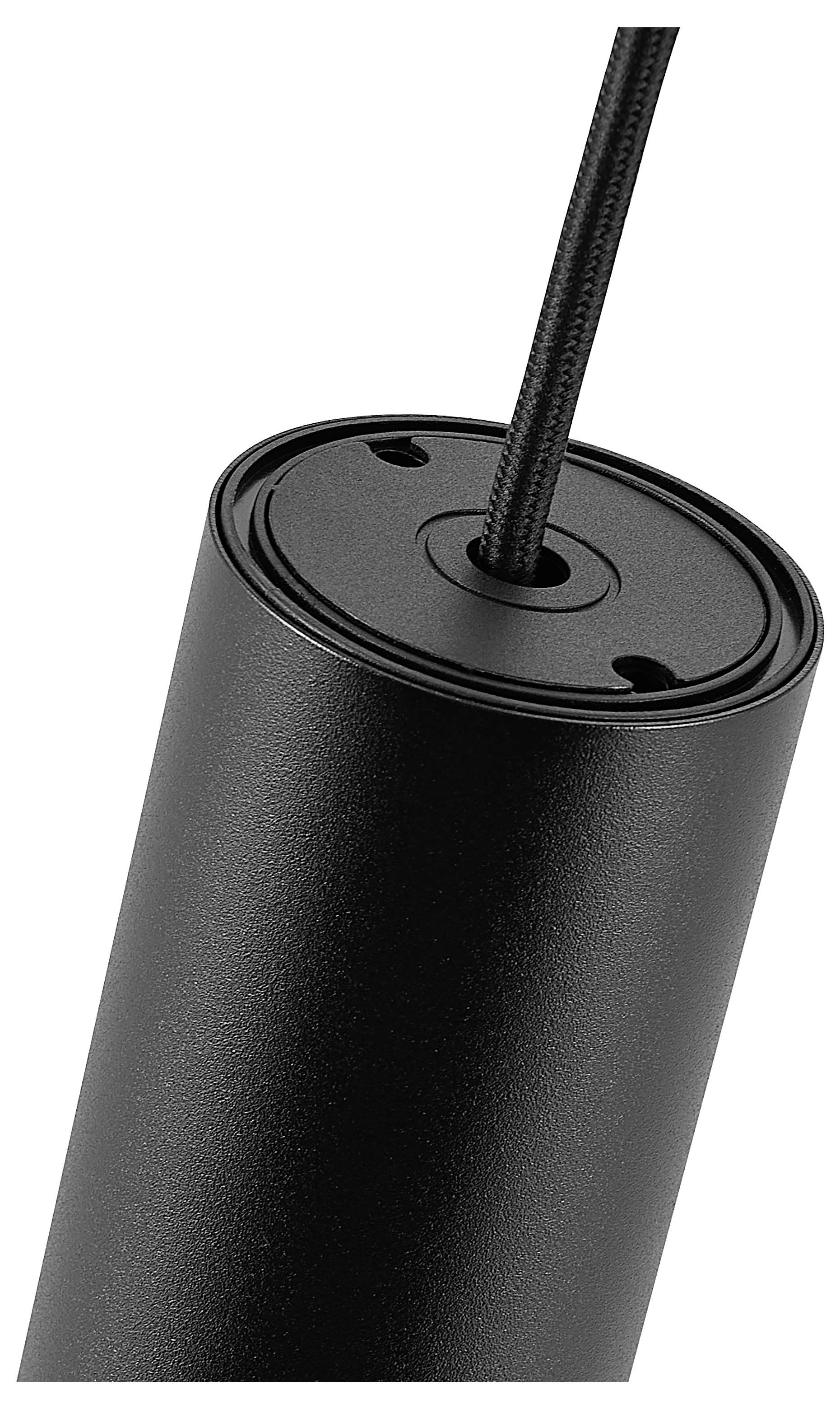 Nahaufnahme einer schwarzen zylindrischen Pendelleuchte mit einem geflochtenen Kabel, das oben eintritt, vor einem weißen Hintergrund.
