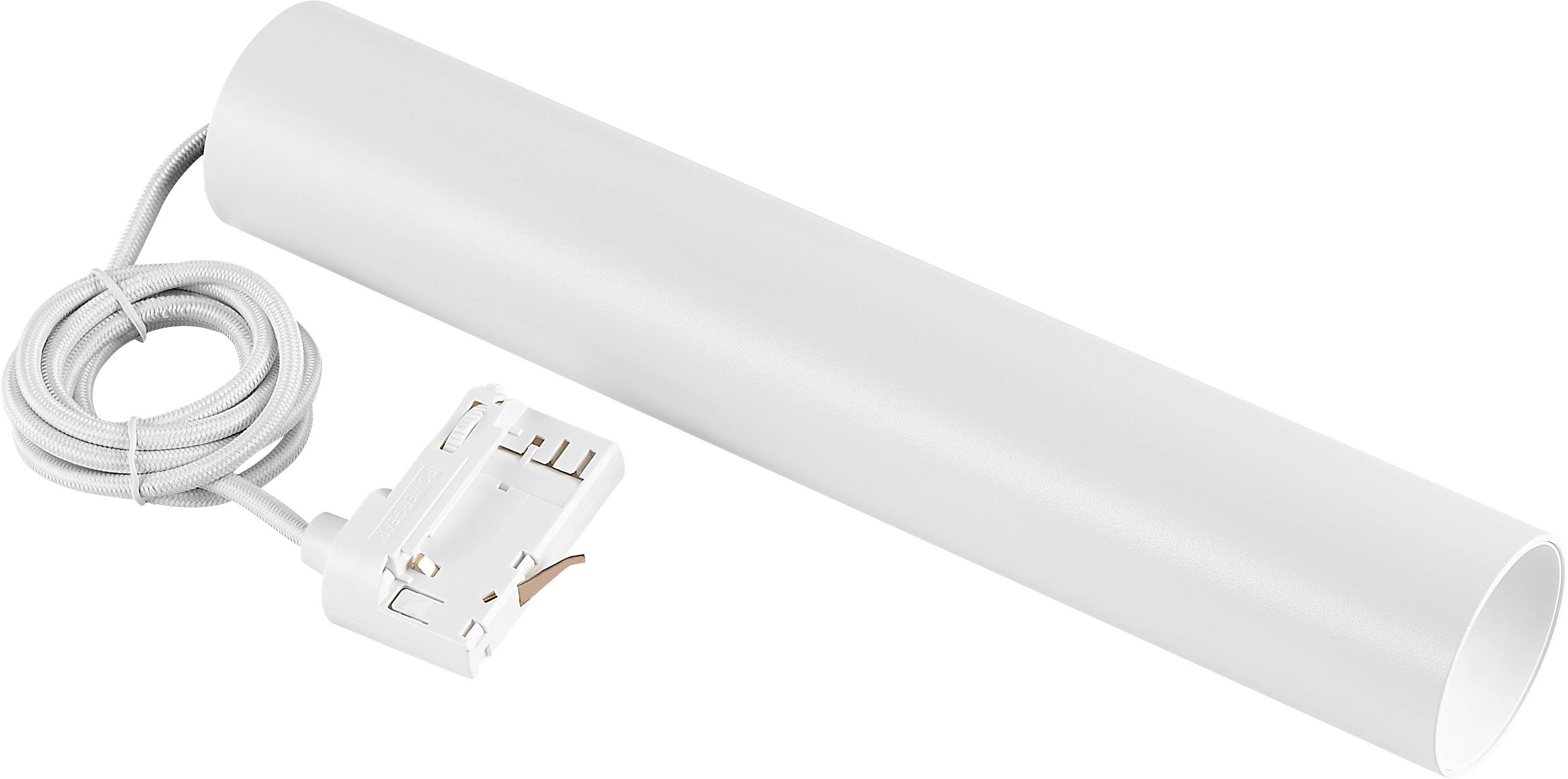 Weiße zylindrische LED-Röhrenleuchte mit Anschlusskabel und Stecker, dargestellt als Leuchte auf weißem Hintergrund
