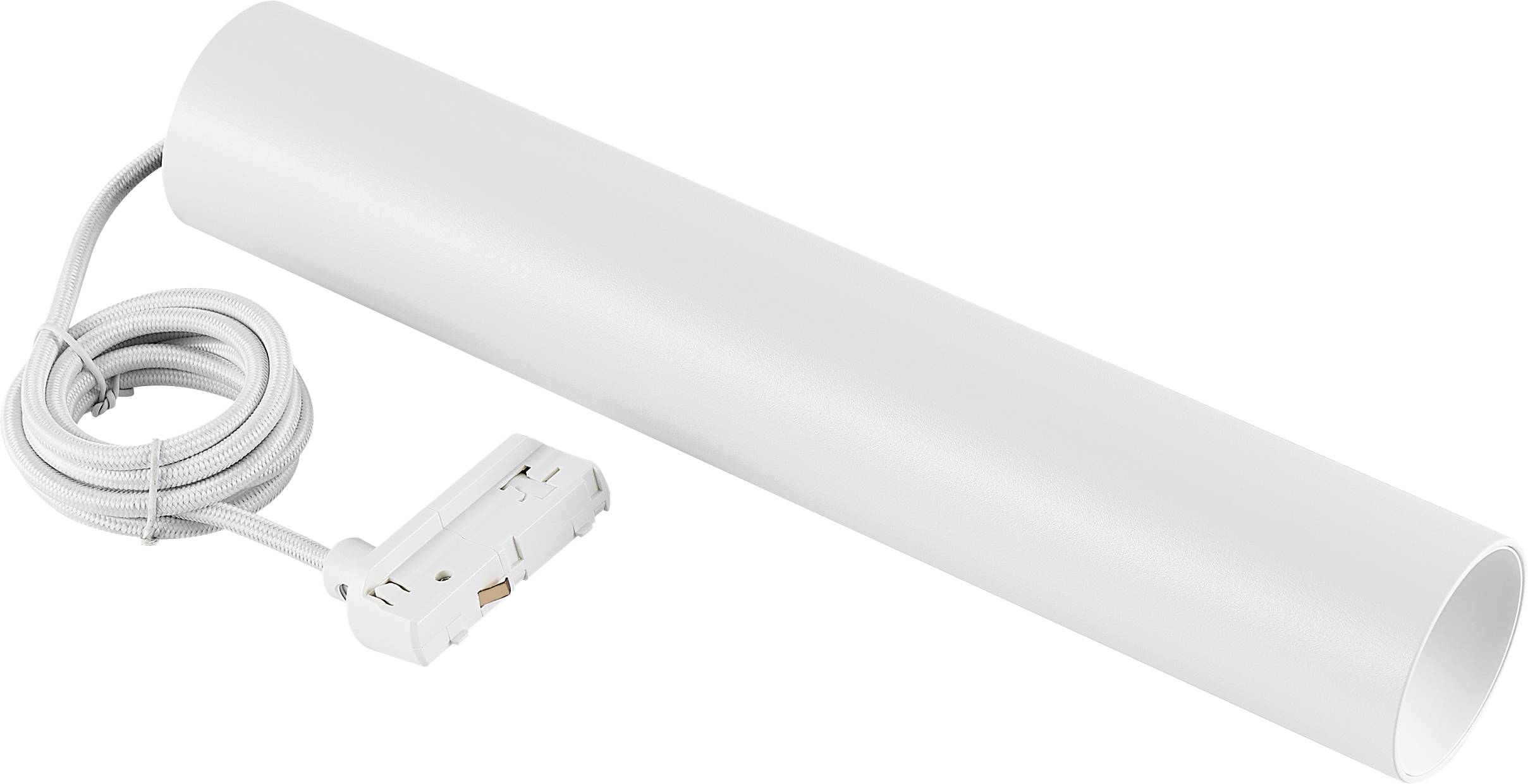 Weiße zylindrische lineare Leuchte mit angebrachtem Stromkabel und Stecker, auf neutralem Hintergrund gezeigt.