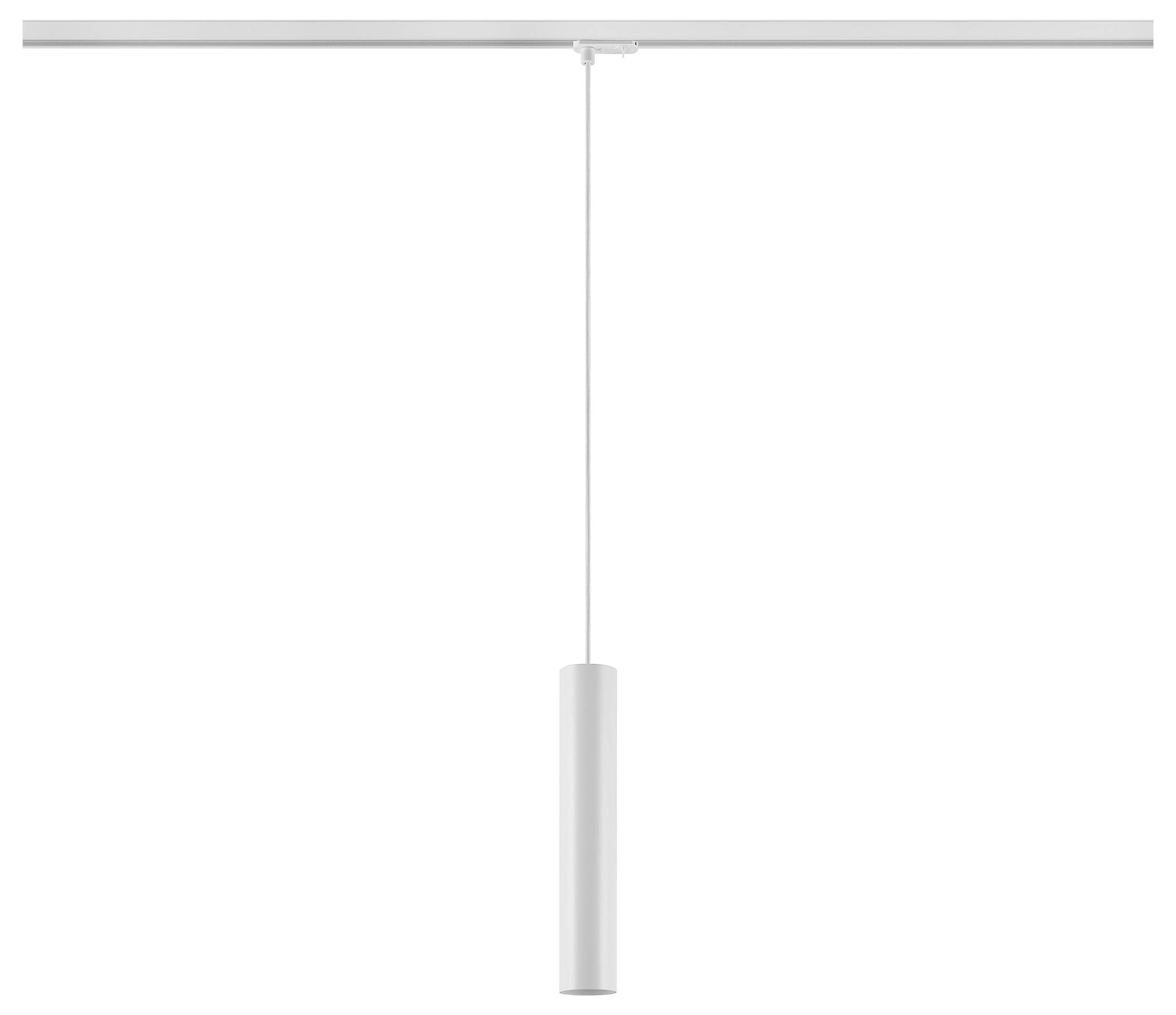Eine minimalistische Pendelleuchte mit einem langen zylindrischen silbernen Leuchtenkörper, der an einem dünnen Seil vor einem weißen Hintergrund hängt.