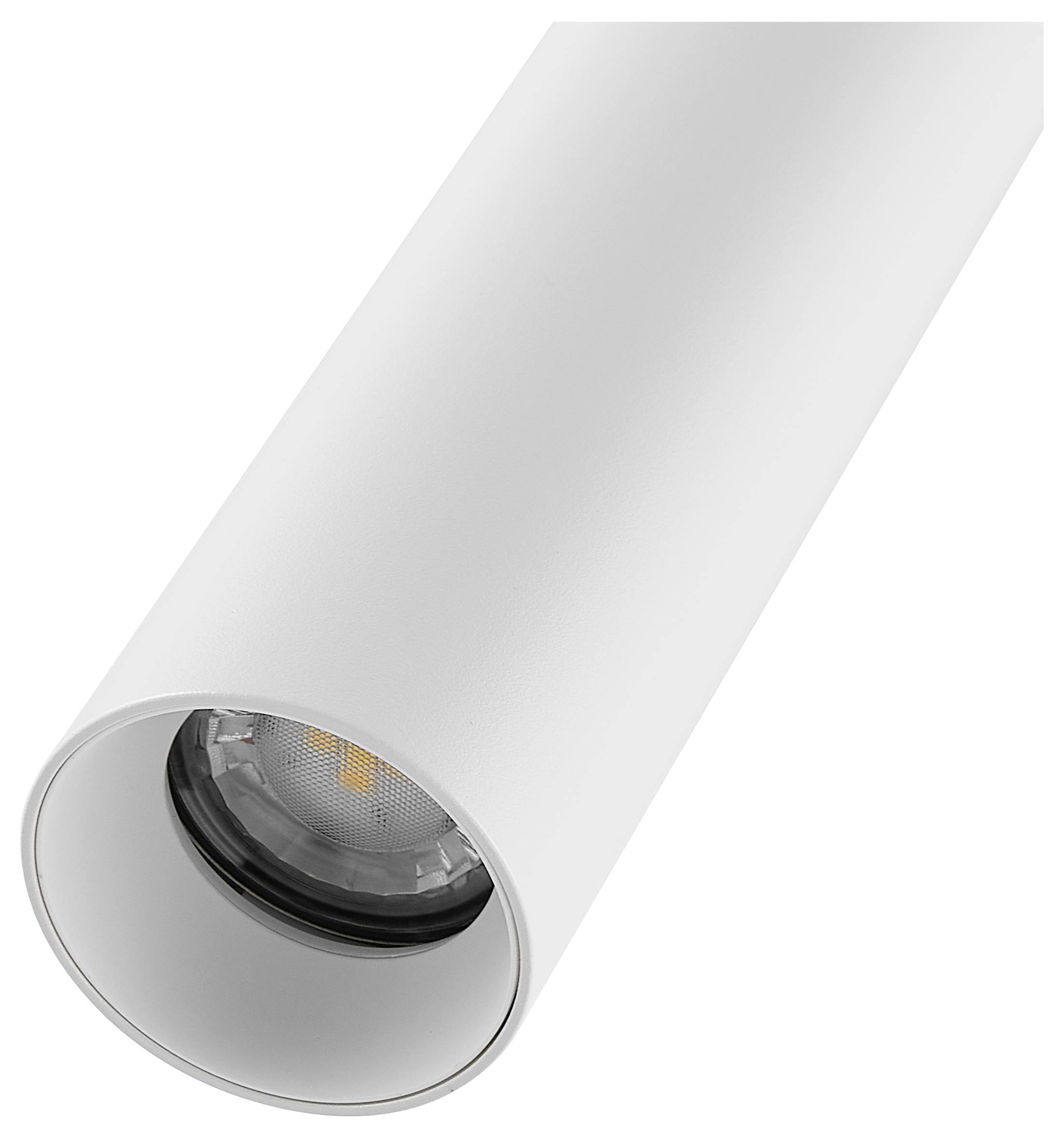 Weißer zylindrischer Deckenspot mit einer eingelassenen LED-Birne, in einer Winkelansicht vor einfachem Hintergrund dargestellt.