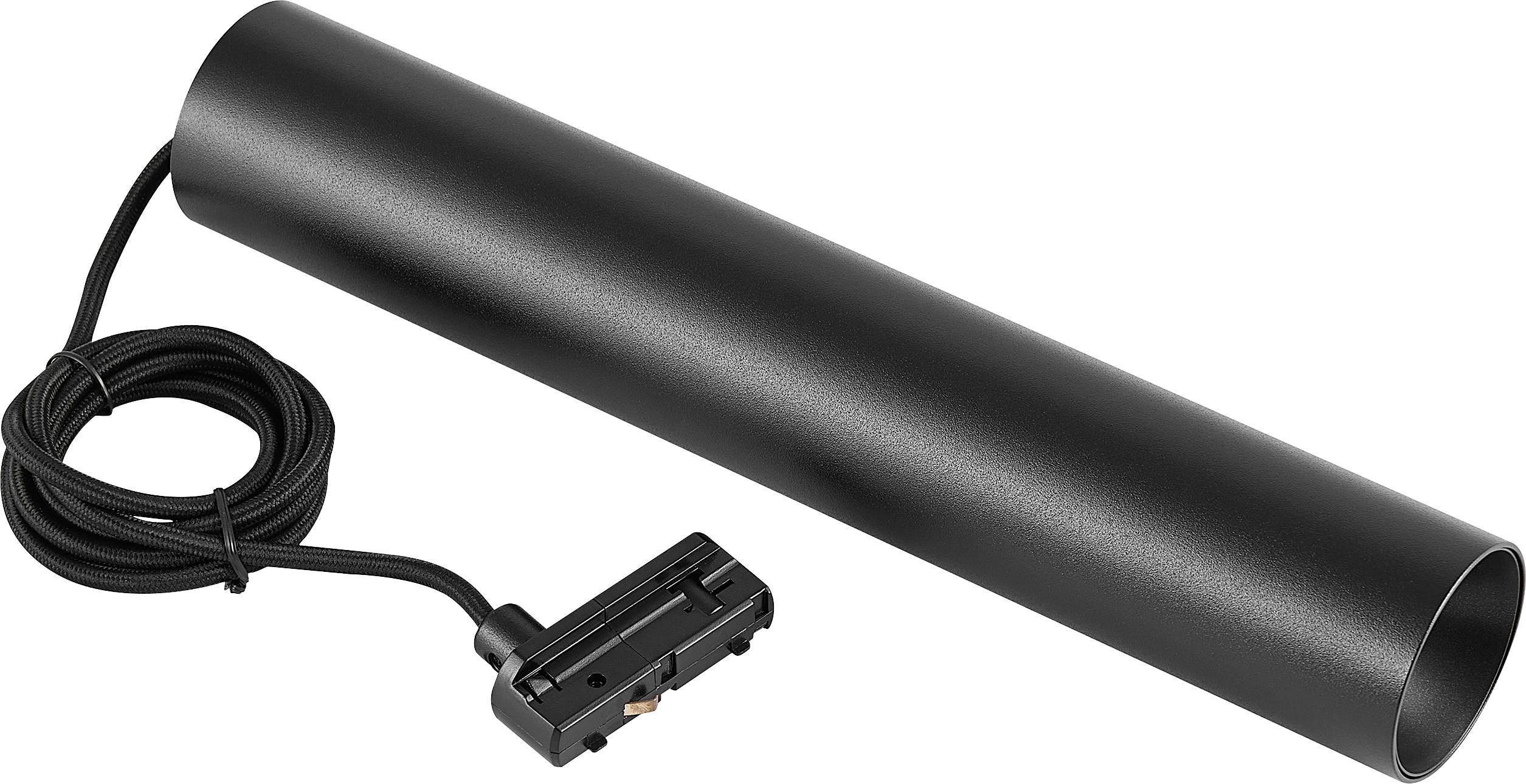 Schwarze zylindrische Schutzmanschette mit angebrachtem Kabel und Stecker
