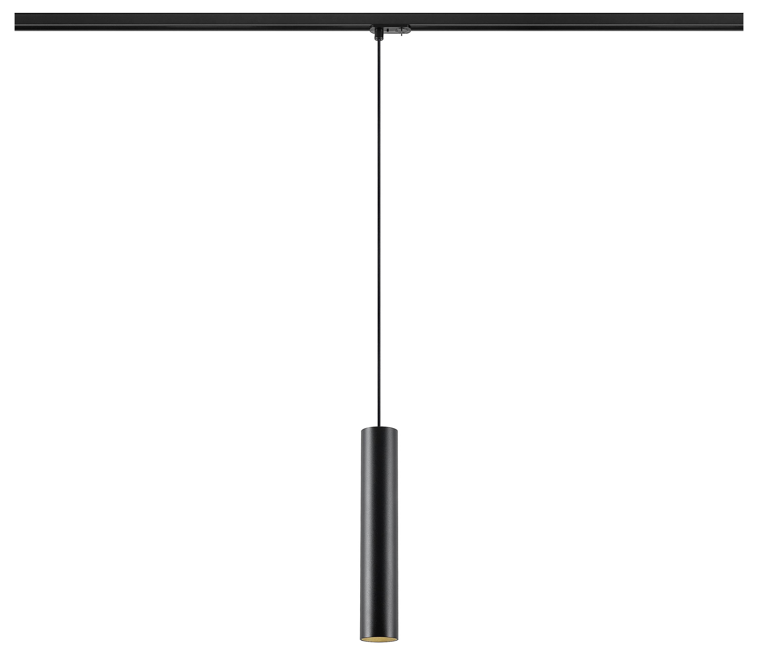 Minimalistisches schwarzes Pendelleuchte, das an einer Deckenleiste aufgehängt ist, auf weißem Hintergrund.