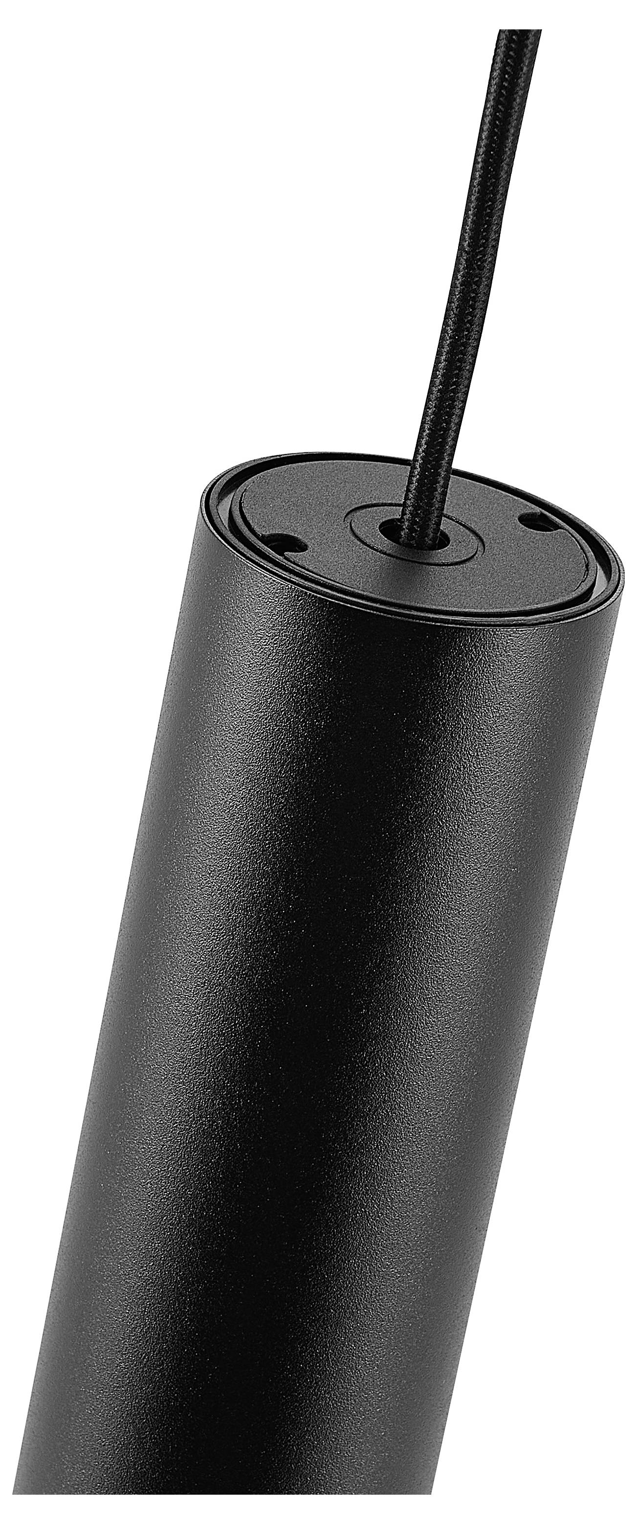 Nahaufnahme einer schwarzen zylindrischen Pendelleuchte mit einem geflochtenen Kabel, das oben eintritt.
