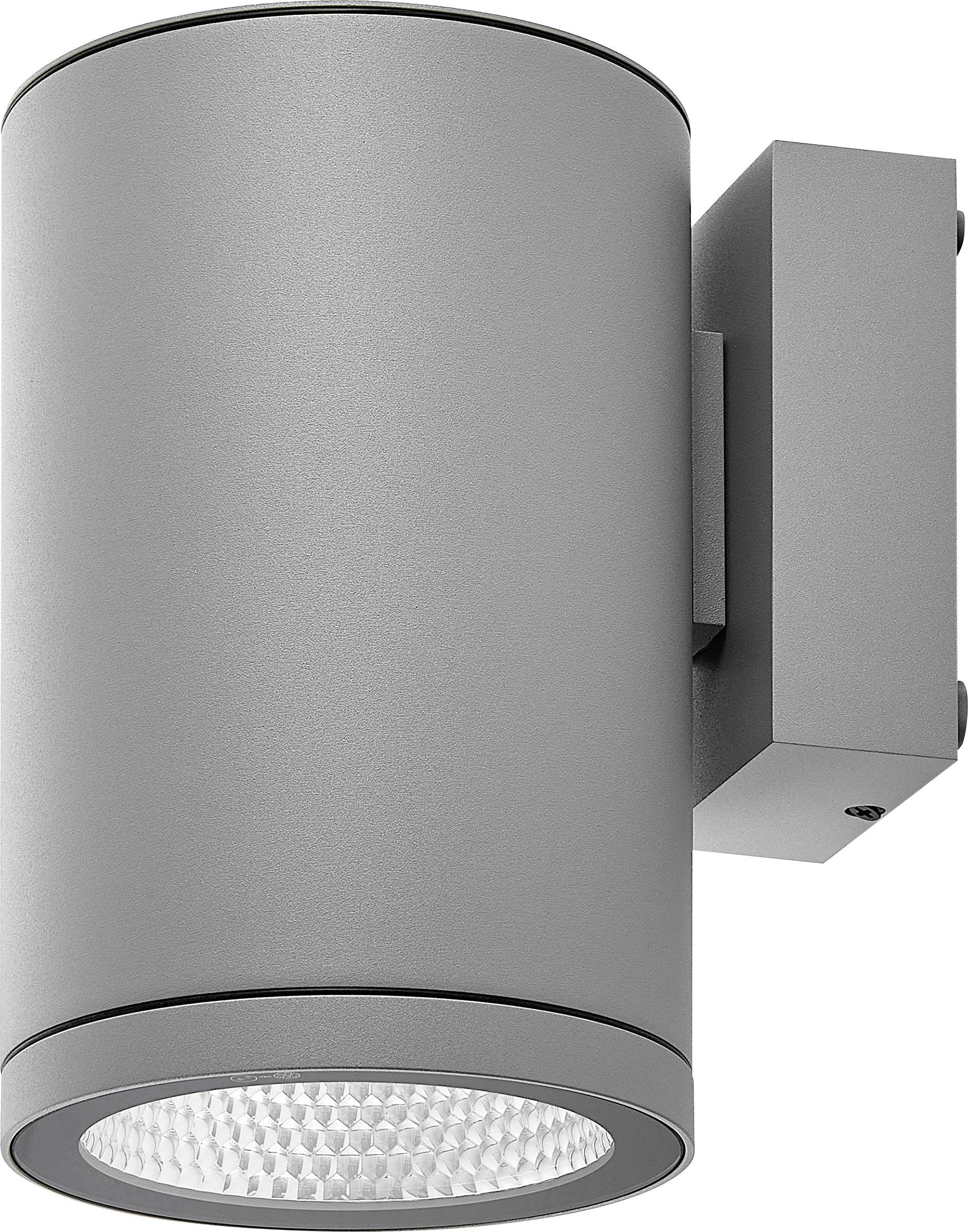 Graue zylindrische, wandmontierte Außenleuchte mit nach unten gerichtetem LED-Diffusor.