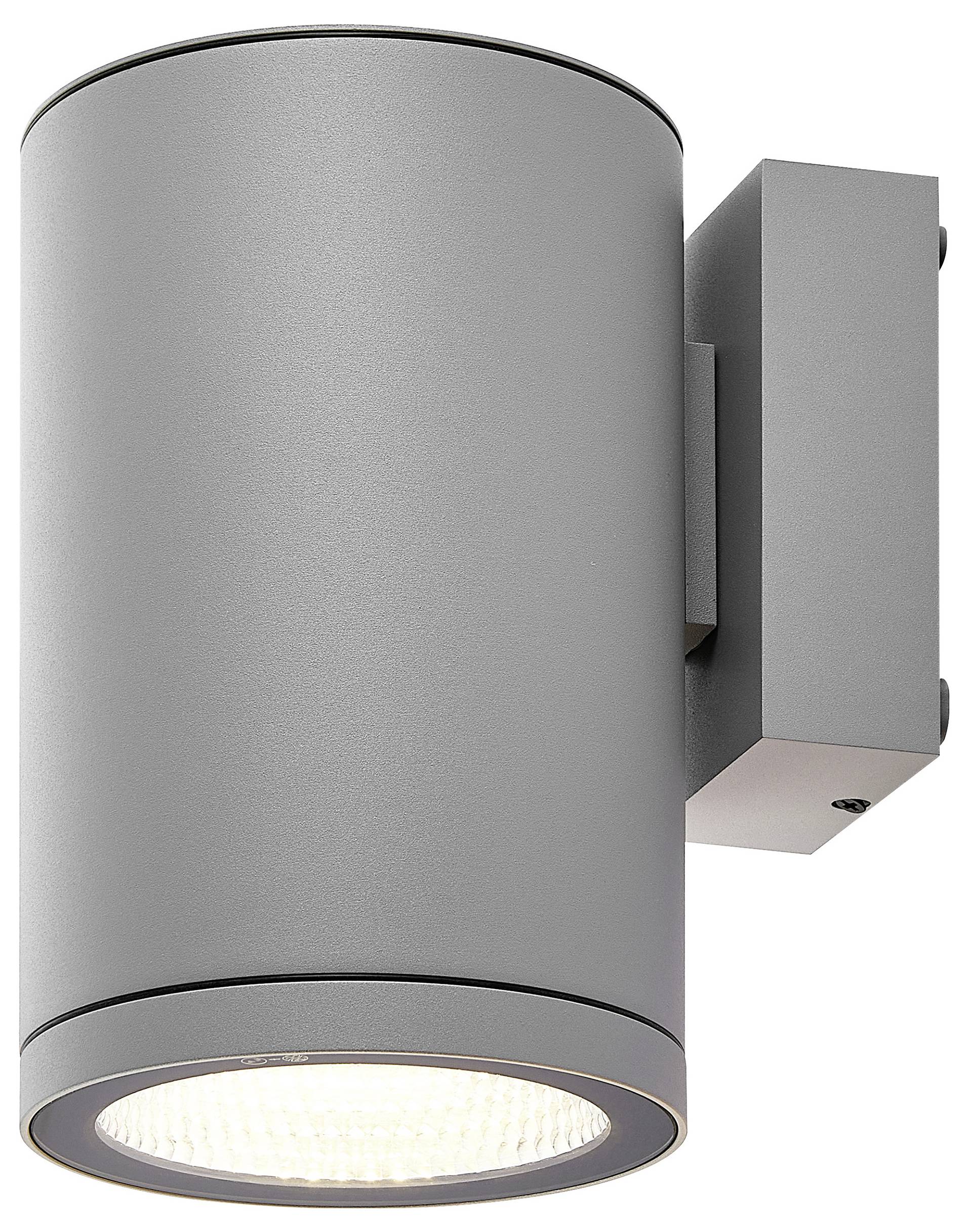 Graue zylindrische wandmontierte Außenleuchte mit nach unten gerichteter LED-Lampe.