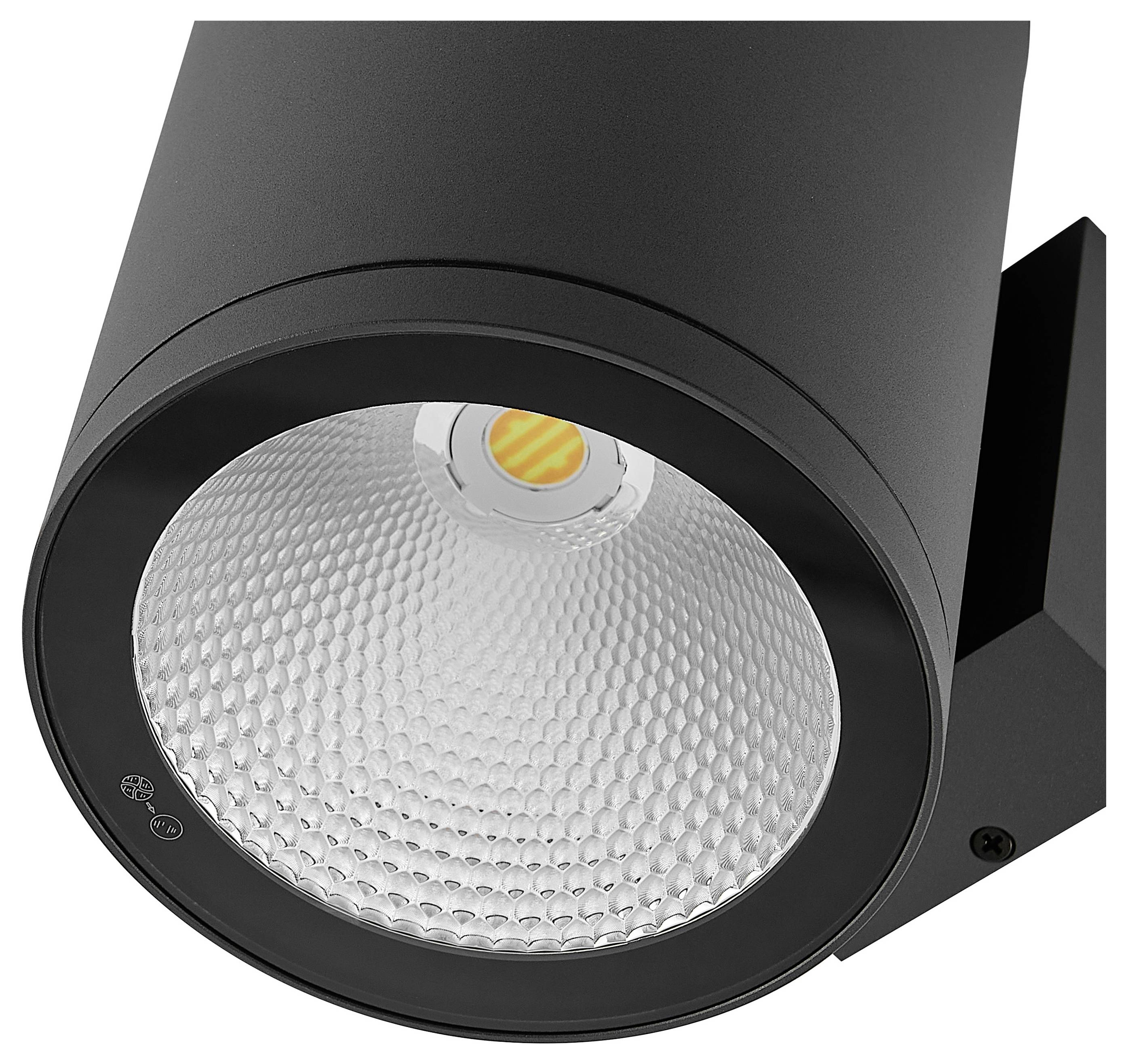 Schwarze zylindrische LED-Spotlichtarmatur mit strukturiertem Reflektor und sichtbarer Glühbirne, montiert auf einer rechteckigen Halterung.