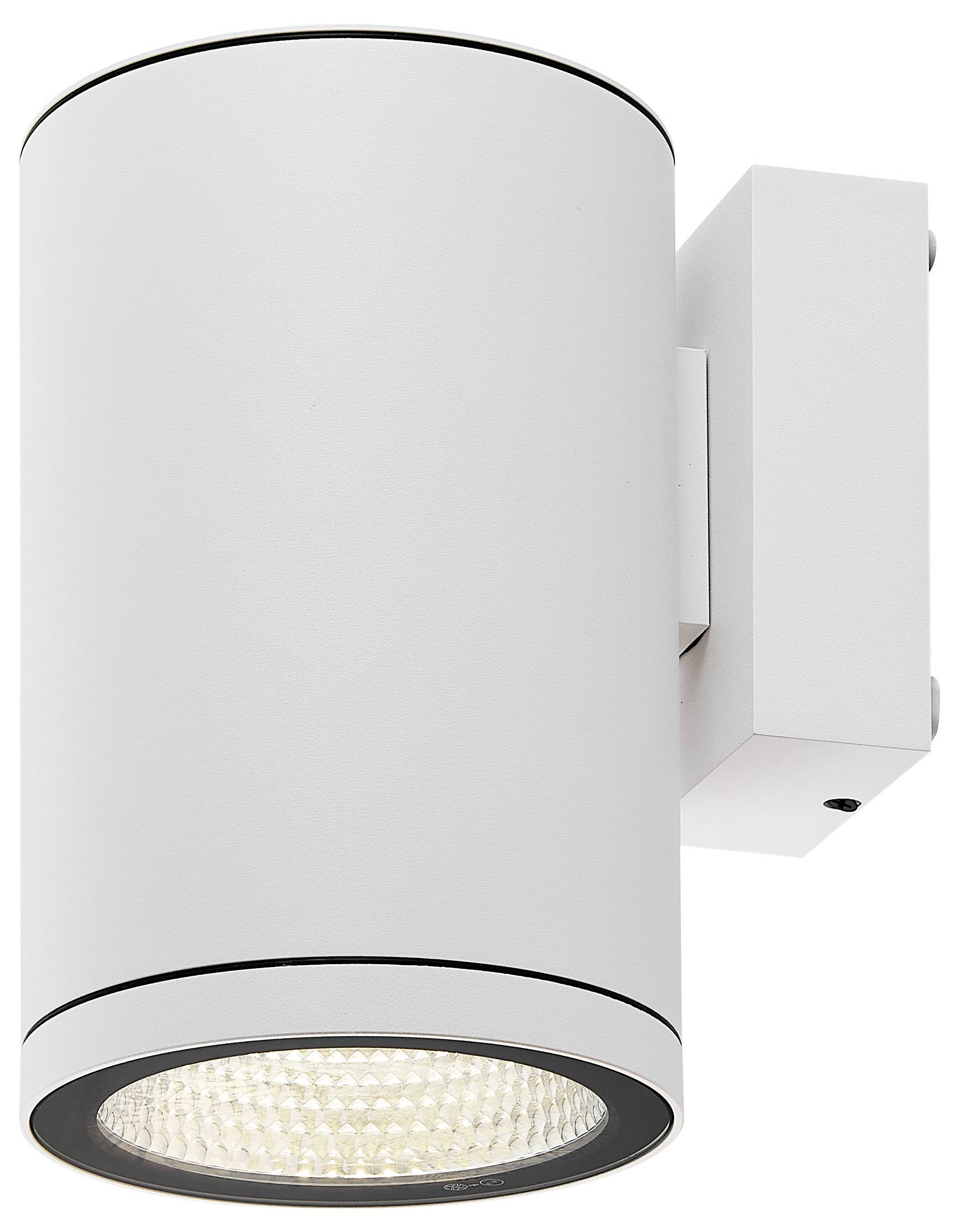 Weiße zylindrische Wand- oder Deckenleuchte mit einer sichtbaren LED-Lampe darunter.