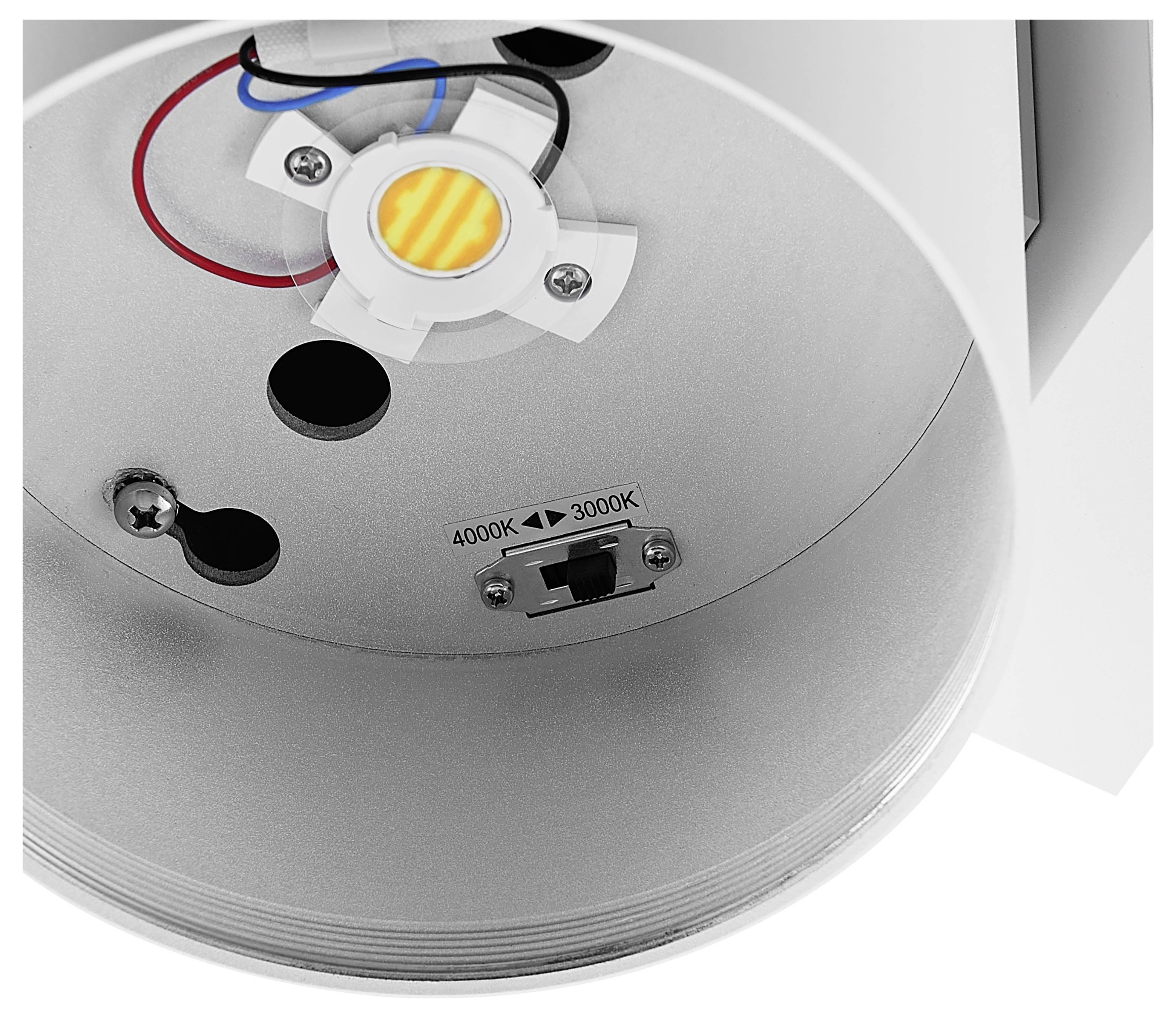 Nahaufnahme einer eingelassenen LED-Leuchte mit freiliegenden Drähten und einem Farbtemperaturschalter, auf dem „4000K
