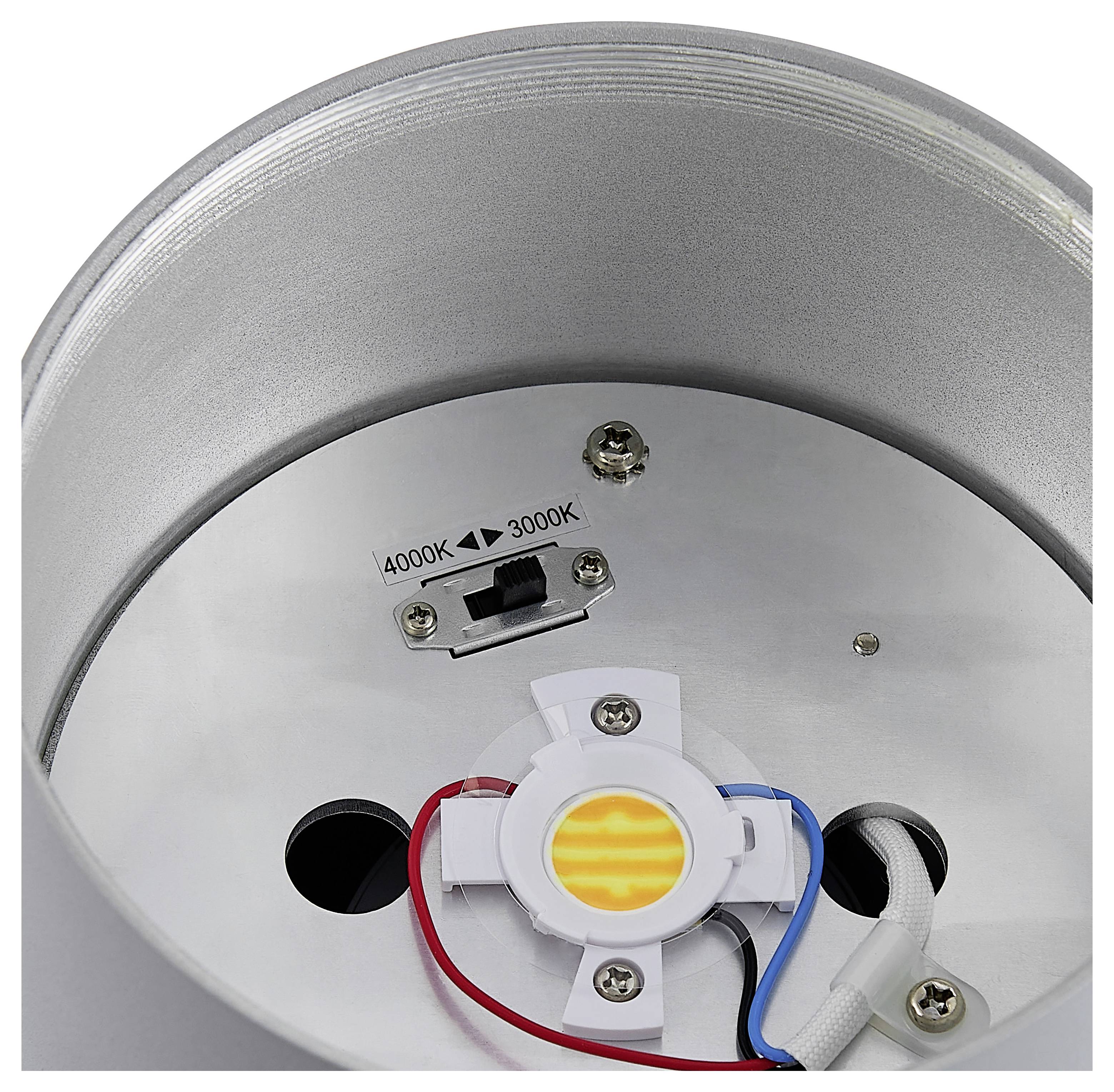 Nahaufnahme einer Deckenleuchte mit einem einstellbaren Schalter für die Farbtemperatur 3000K/4000K und freiliegenden Drähten um das LED-Modul.